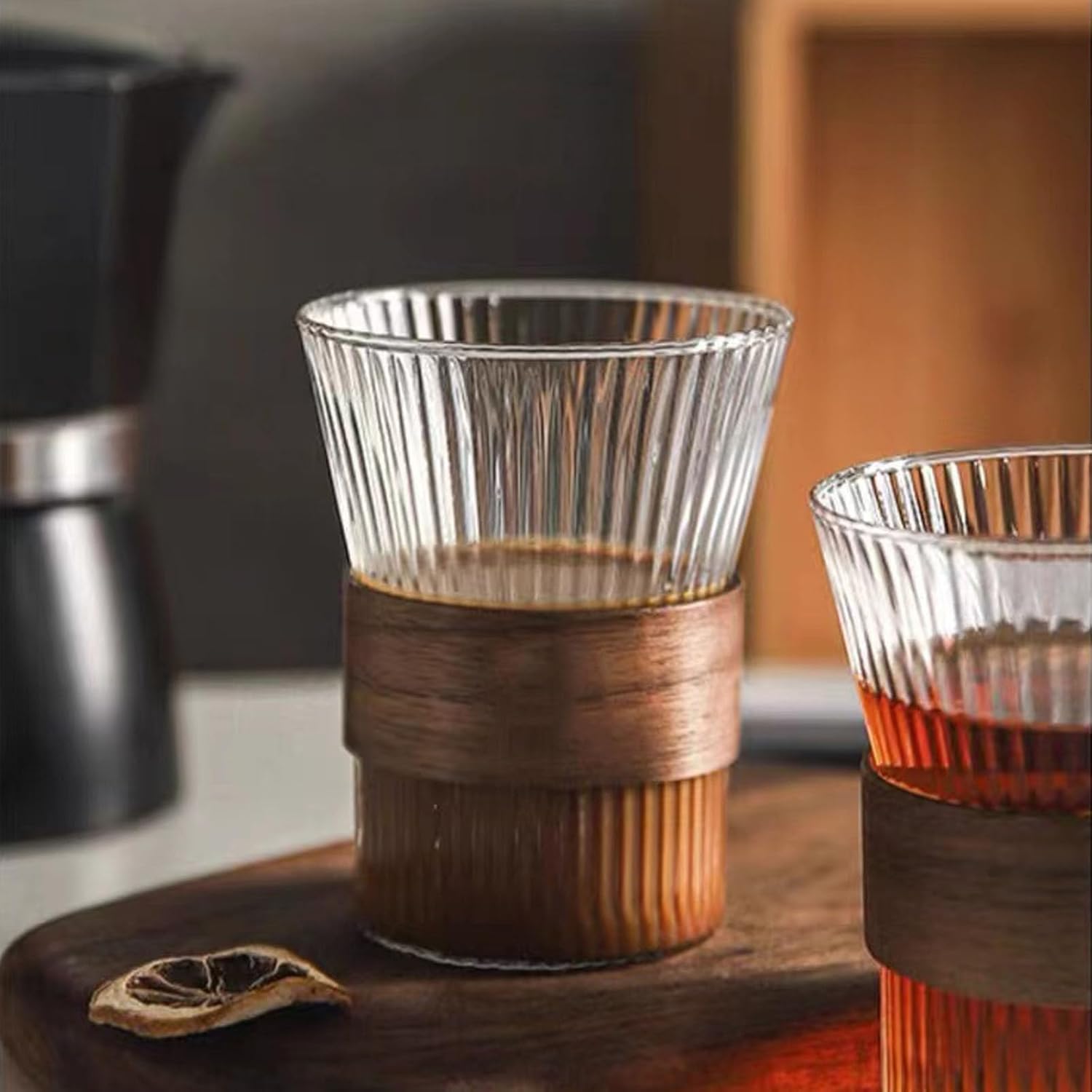 Taza de café de vidrio de 11 oz con anillo antideslizante de madera, apto para moca de boca ancha, café con leche, capuchino hielo caliente (4