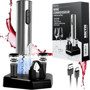 Juego de abridor eléctrico de vino, sacacorchos de vino inalámbrico con base de carga tipo C, USB, cortador de lámina, vertedor aireador, tapones de Juego de abridor eléctrico de vino, sacacorchos de vino inalámbrico con base de carga tipo C, USB, cortador de lámina, vertedor aireador, tapones de