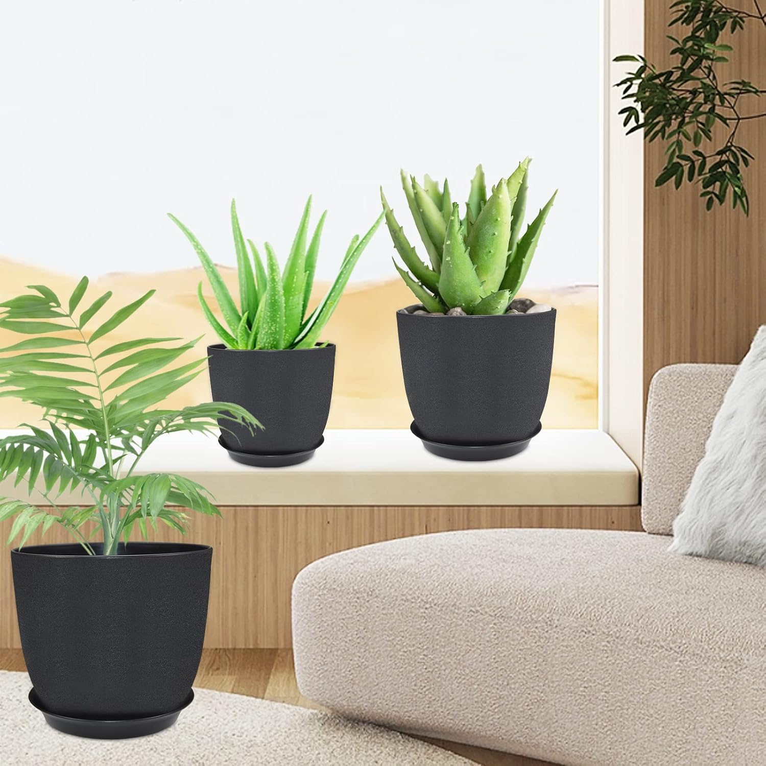 Qefuna Macetas de 1098 pulgadas, juego de 3, macetas para plantas de interior con agujeros de drenaje, platillo extraíble, tapete de trasplante,