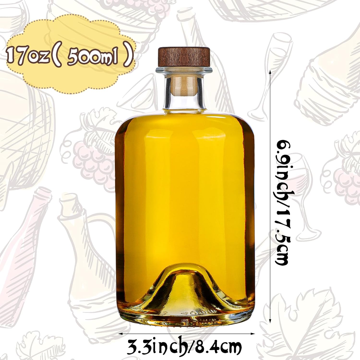 Liengoron 6 botellas de vidrio con corcho de 16.9 fl oz, botella vacía de licor de 17 onzas, botella de vino vacía con tapas de madera en T,
