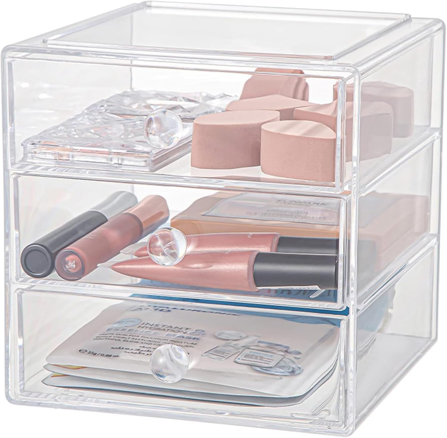 Caja organizadora de cajones de maquillaje con 3 cajones, vitrina de acrílico para cosméticos, organizador de tocador, caja de almacenamiento