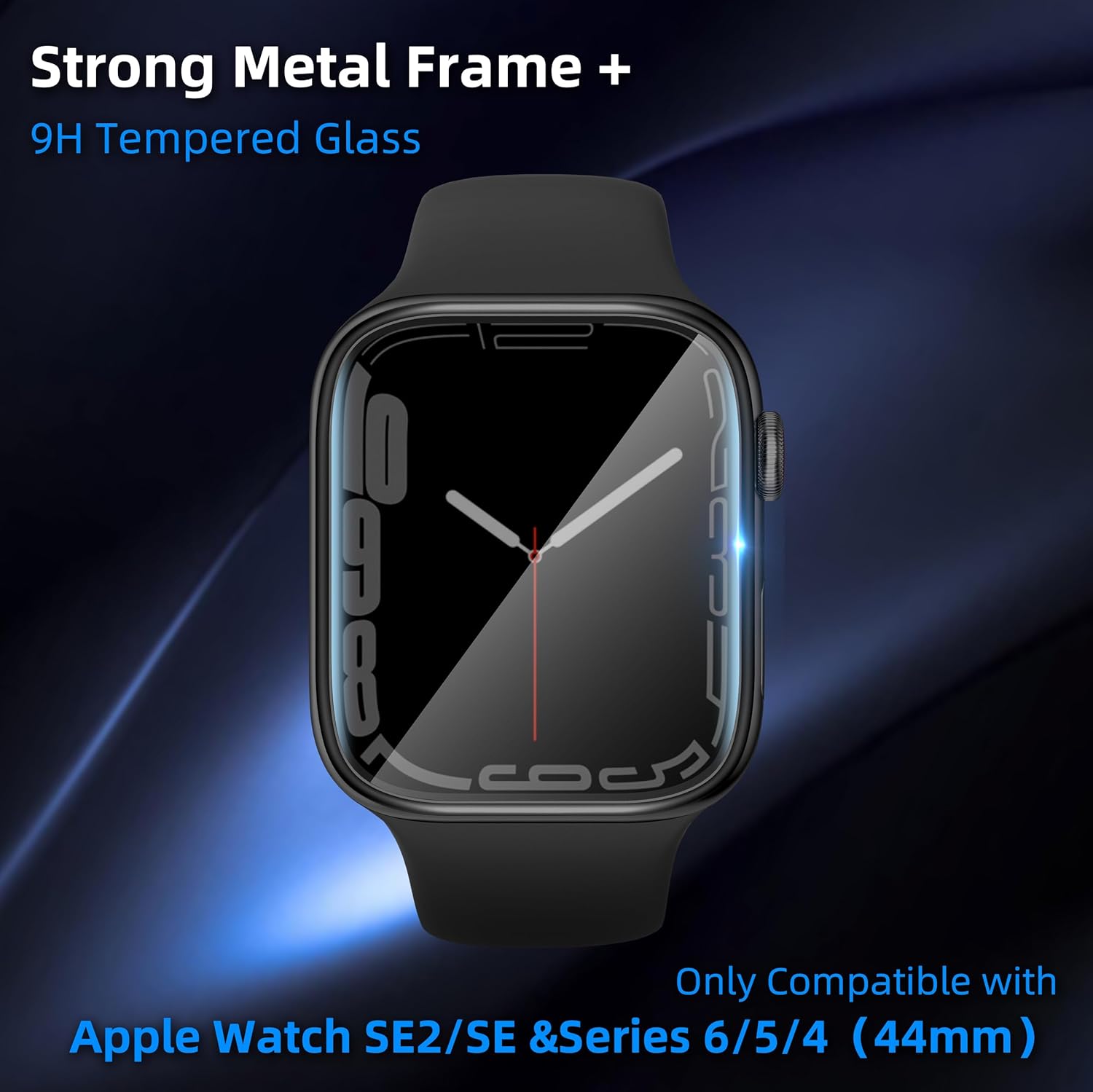Paquete de 2 protectores de pantalla de vidrio templado con marco de metal compatibles con Apple Watch SE2 SE Series 6, 5, 4, 1.732 in, marco de