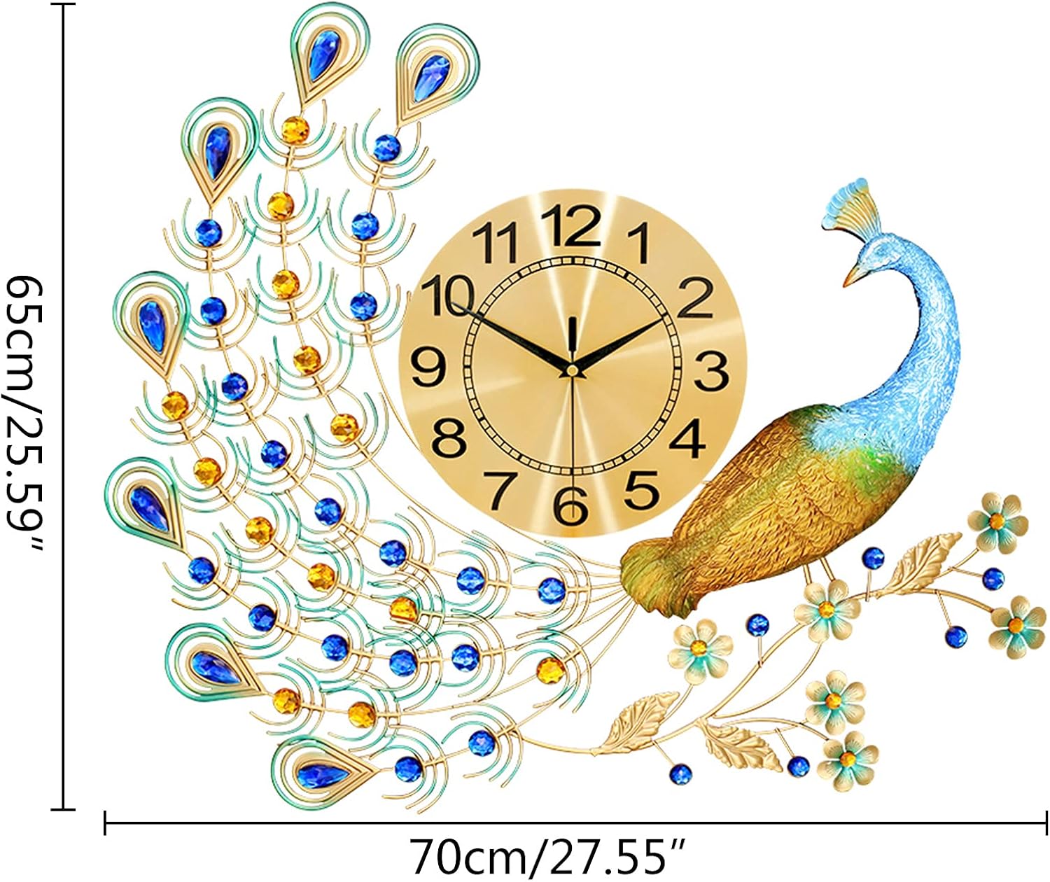 Large Peacock Wall Clock, 27.5 inch Luxury Peacock Clocks Silent Movement Wrought Iron and Metal Dial 3D Silent Wall Clocks Battery Operated Large