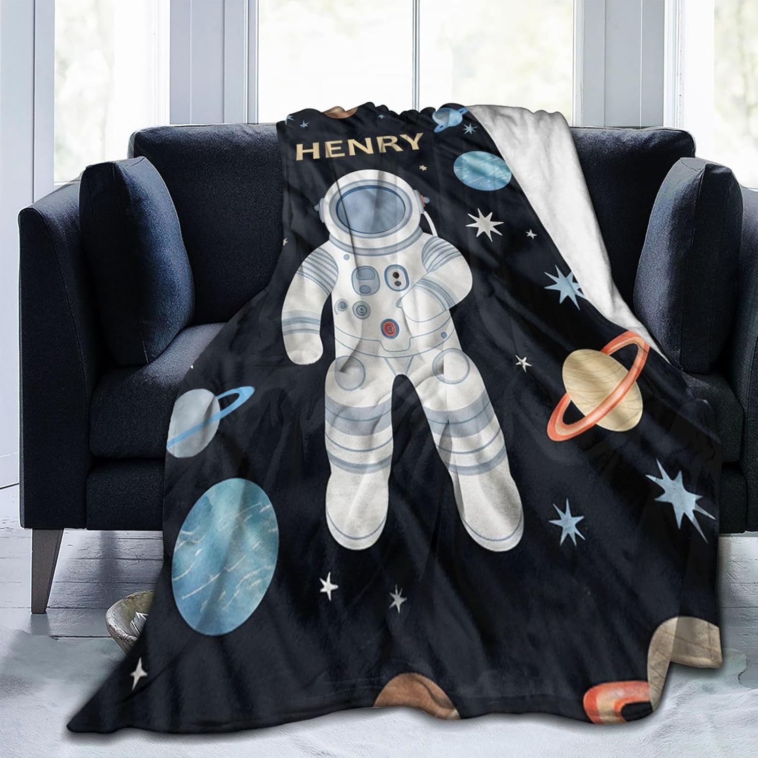 ADIKJXQH Manta espacial personalizada para niños, manta con nombre personalizada para niños y niñas, manta de astronauta personalizada, regalo para