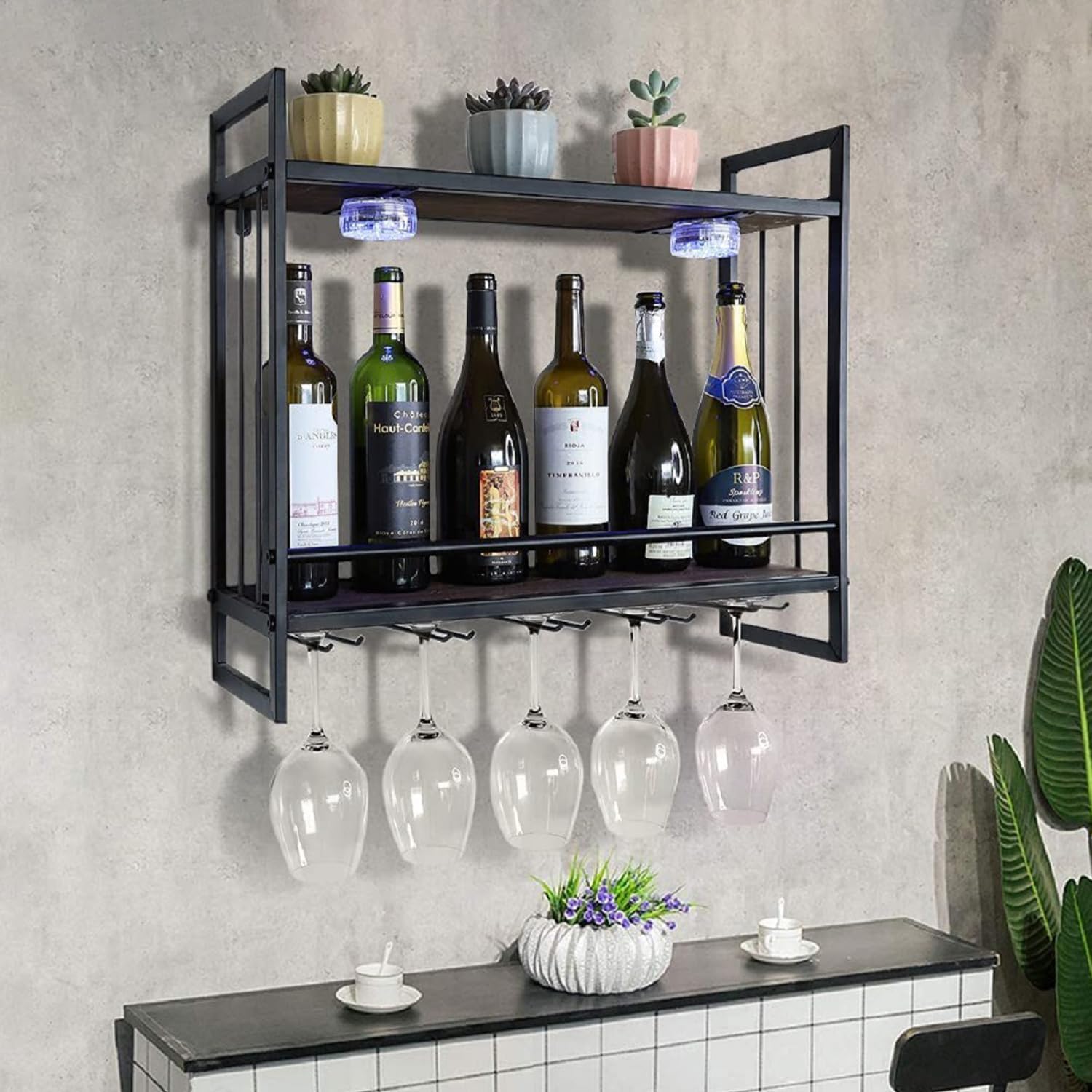 Gdrasuya10 Estante de vino con luz LED montado en la pared, estante de exhibición de botellas de vino, estante de almacenamiento de vino de metal,