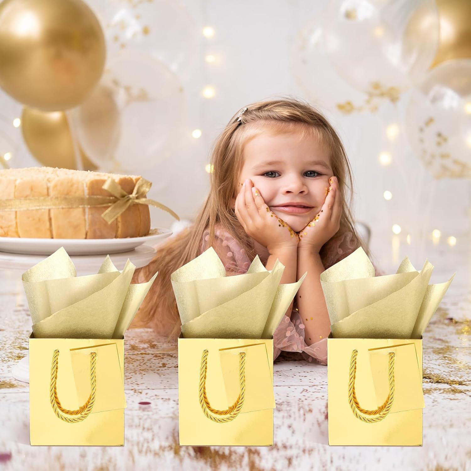 Tatuo Juego de 24 pequeñas bolsas metálicas de regalo a granel con asas, bolsas de papel con papel de seda para San Valentín, graduación, boda,
