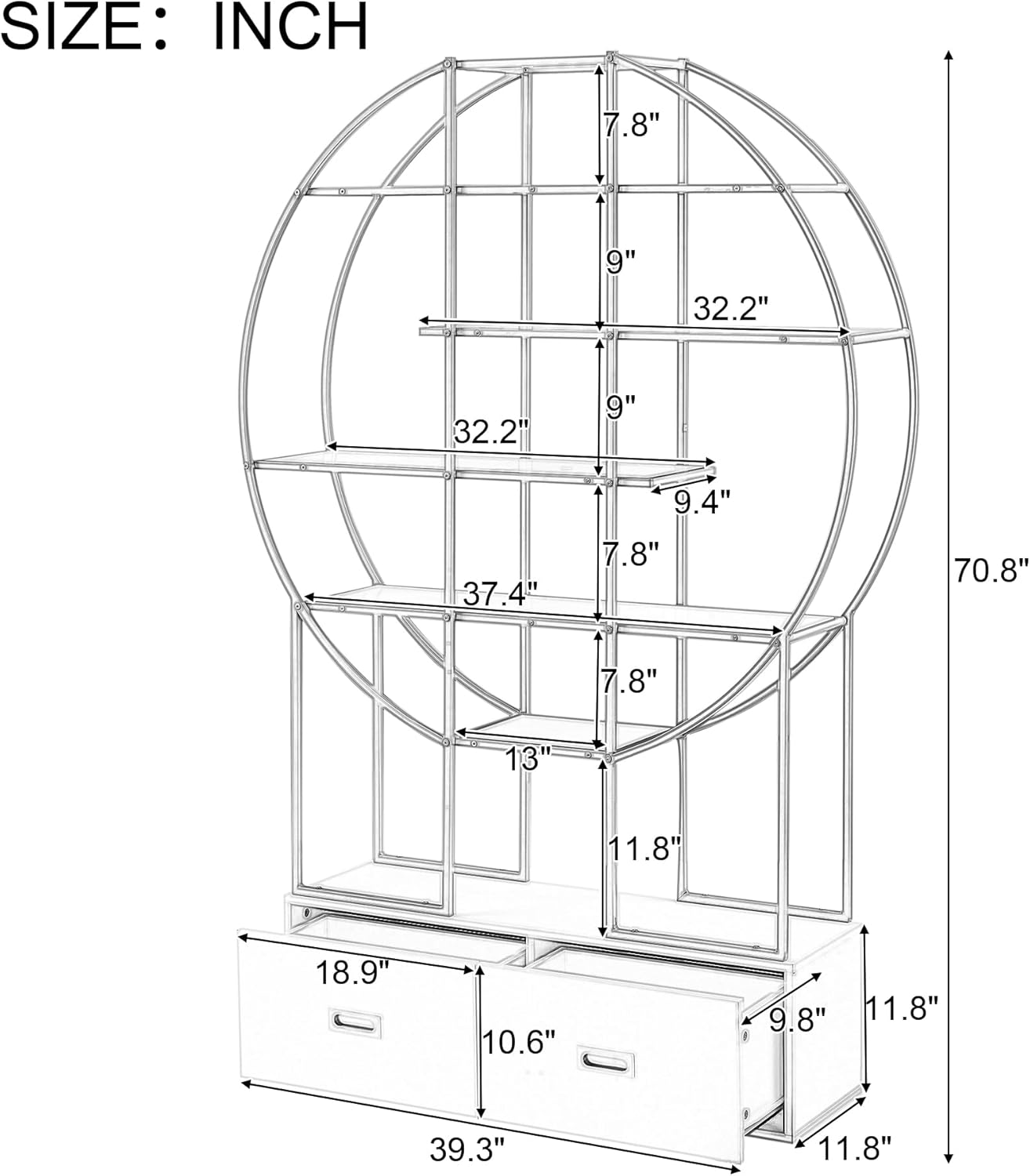 Estantería redonda de oficina de 70.8 pulgadas con archivador de 2 cajones, estante abierto de cinco niveles con marco dorado para sala de estar,