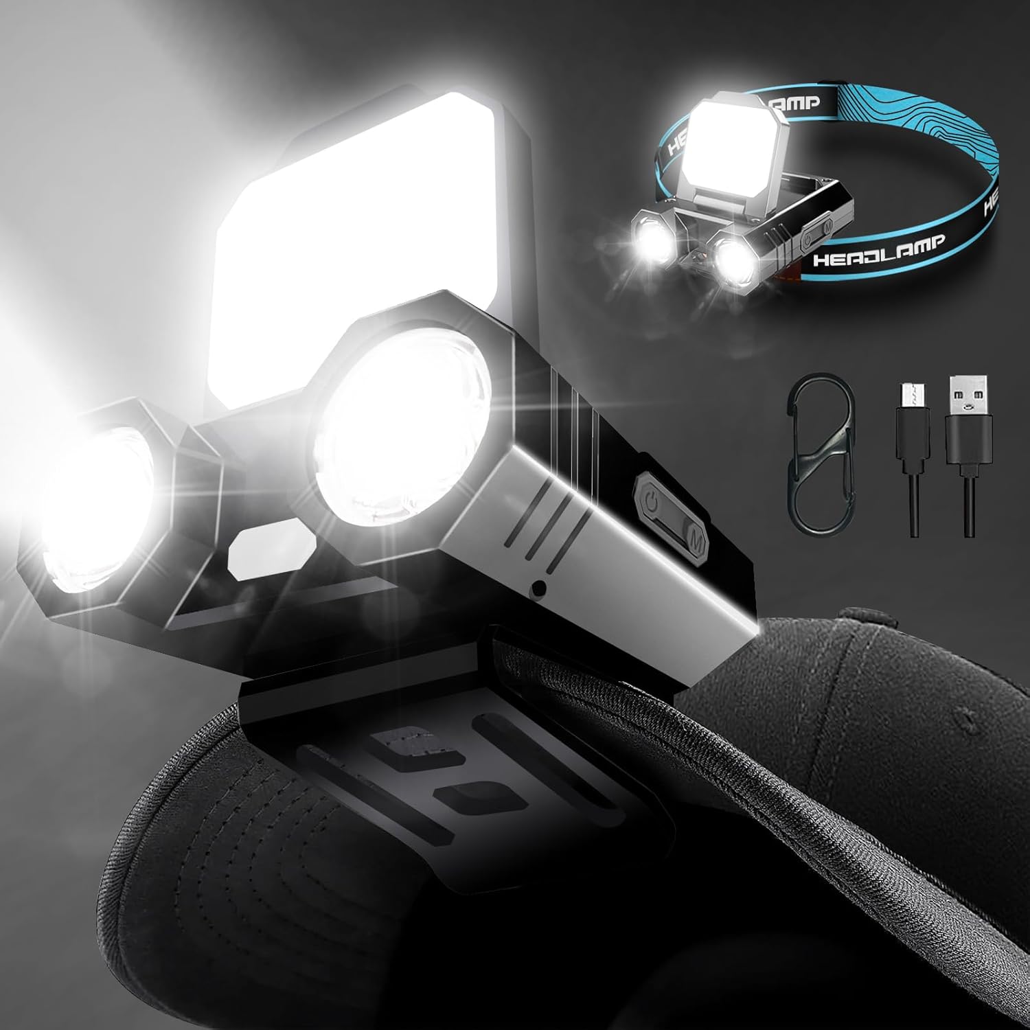 Luz de tapa con clip con sensor de movimiento, 5 modelos de luz LED de alto lumen recargable, luz de sombrero manos libres ajustable de 270 con luz