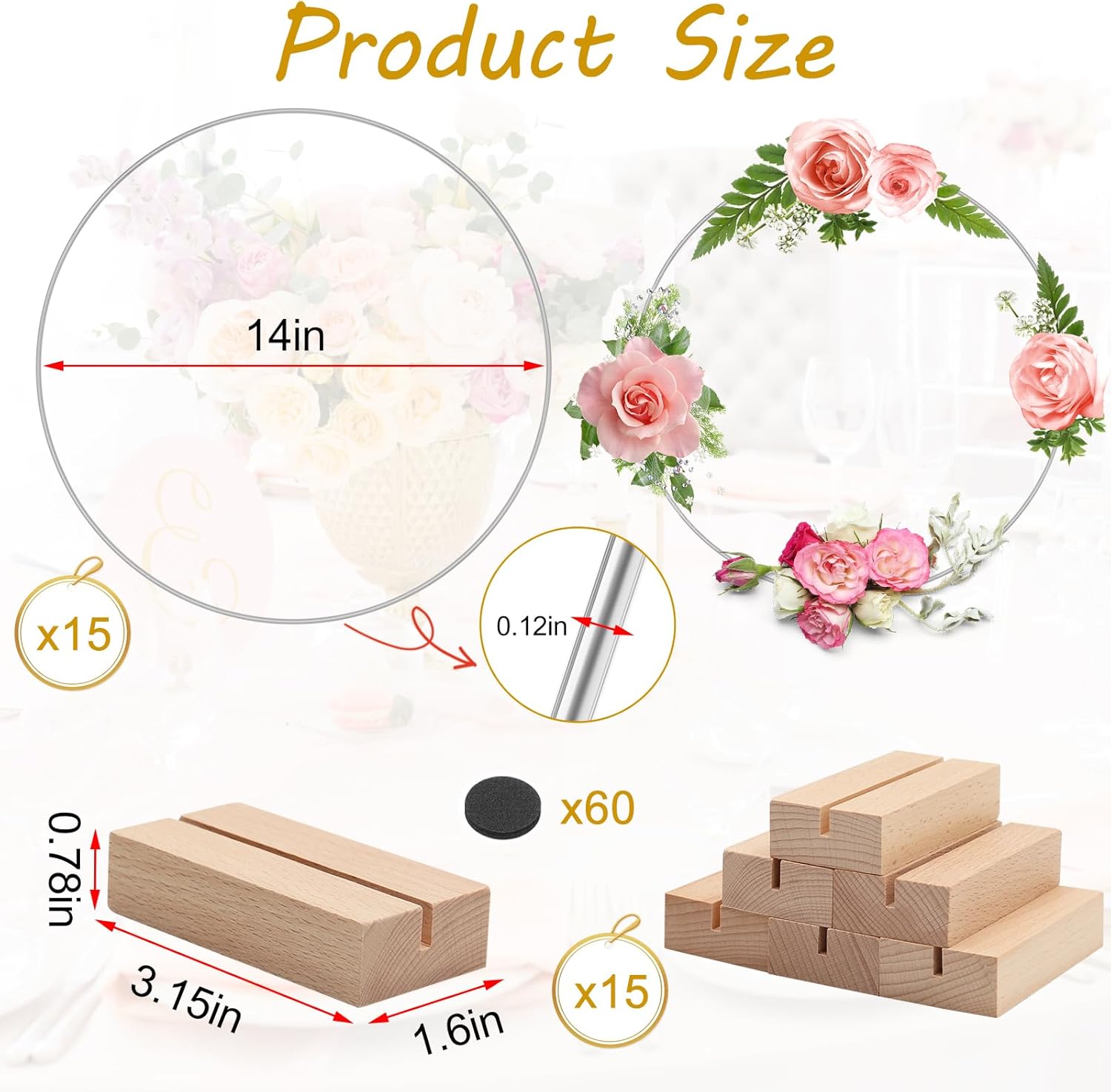 15 piezas de centro de mesa de aro floral de metal de 14 pulgadas con 15 soportes de madera para tarjetas y almohadillas ajustables para los pies,