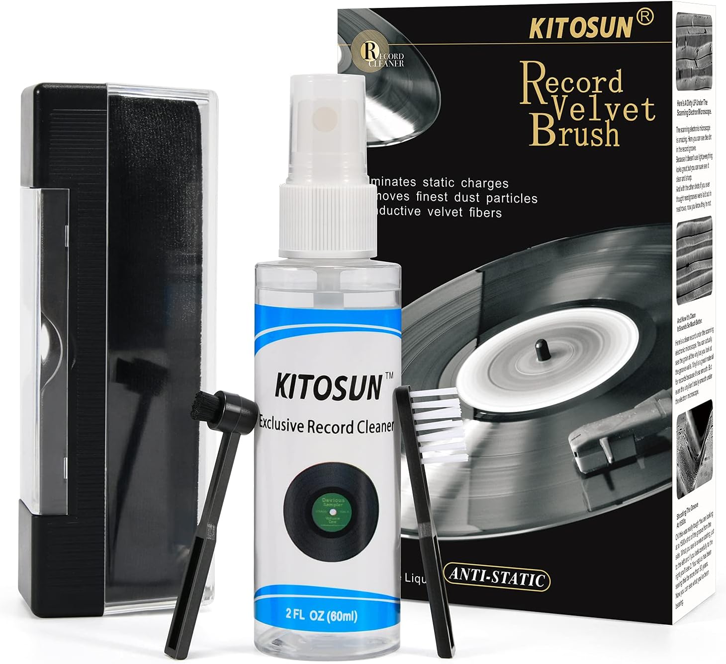 Kit limpiador de discos de vinilo, cepillo de terciopelo antiestático con cepillo limpiador de lápiz capacitivo pequeño, 2.0 fl oz, líquido