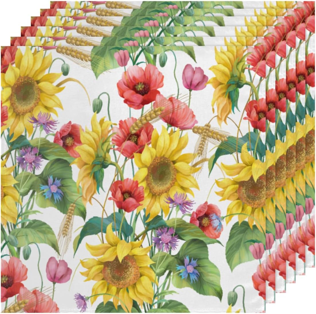 Juego de 6 servilletas de tela con estampado de girasol y amapola de 20 x 20 pulgadas, lavables, reutilizables, para cocina, comedor, decoración de