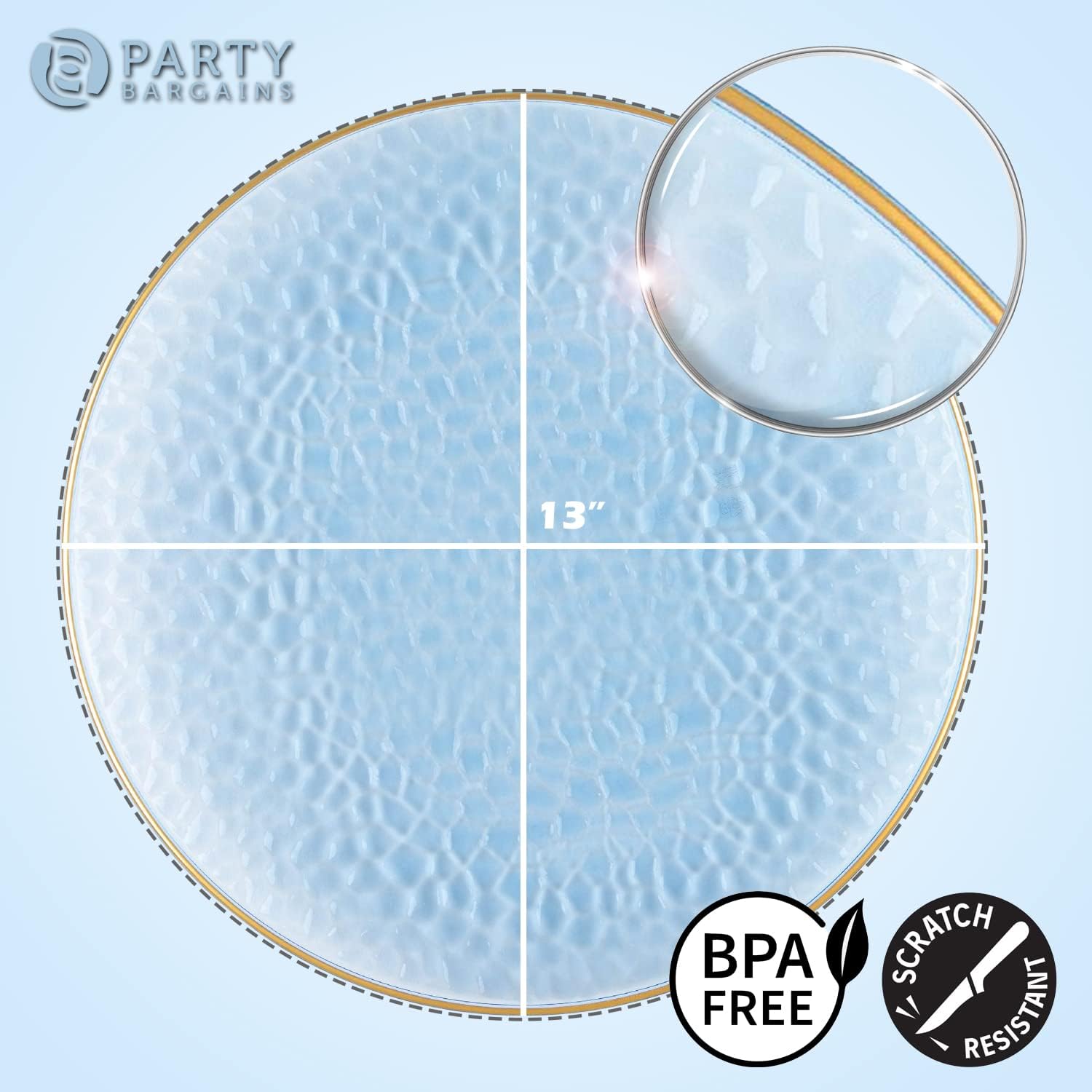 PARTY BARGAINS Placas de carga de 13 pulgadas, paquete de 8, borde azul dorado martillado, cargadores desechables resistentes para comedor elegante,