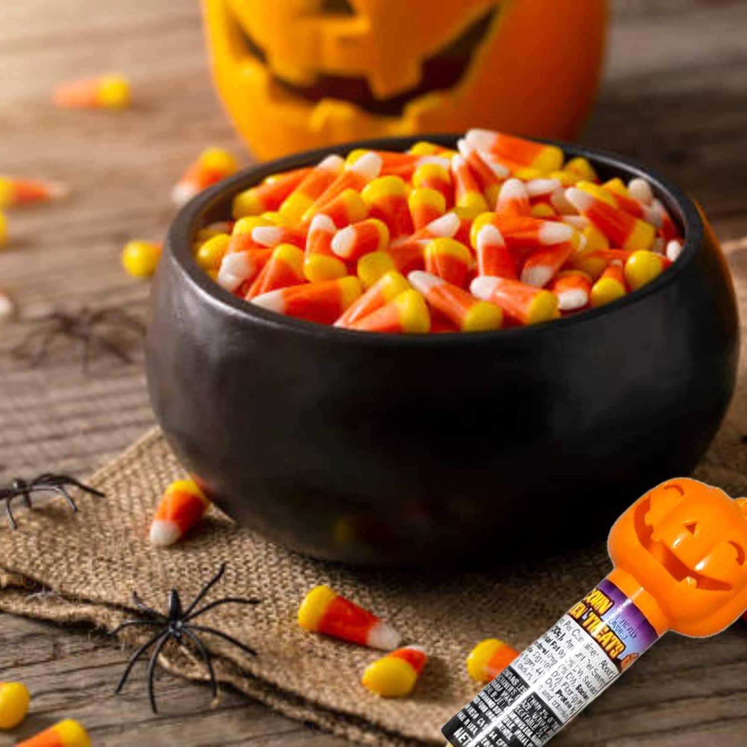 Tubos de plástico naranja con tapa de calabaza, caramelos, maíz, golosinas de Halloween, recuerdos de fiesta, caramelos con sabor artificial para