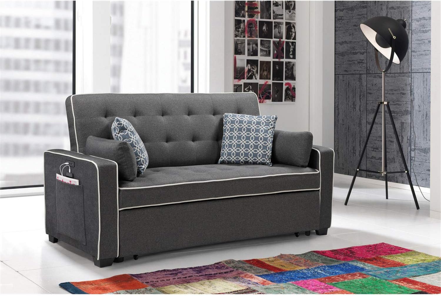 Lilola Home Cody – Sofá cama de tela con 2 puertos de carga USB y 4 almohadas decorativas, color gris
