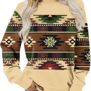 Sudadera azteca para mujer, diseño geométrico vintage, con cuello redondo, manga larga, étnica occidental, suéter tribal Sudadera azteca para mujer, diseño geométrico vintage, con cuello redondo, manga larga, étnica occidental, suéter tribal
