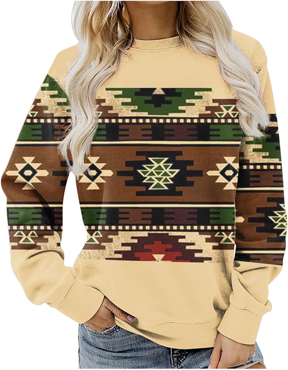 Sudadera azteca para mujer, diseño geométrico vintage, con cuello redondo, manga larga, étnica occidental, suéter tribal