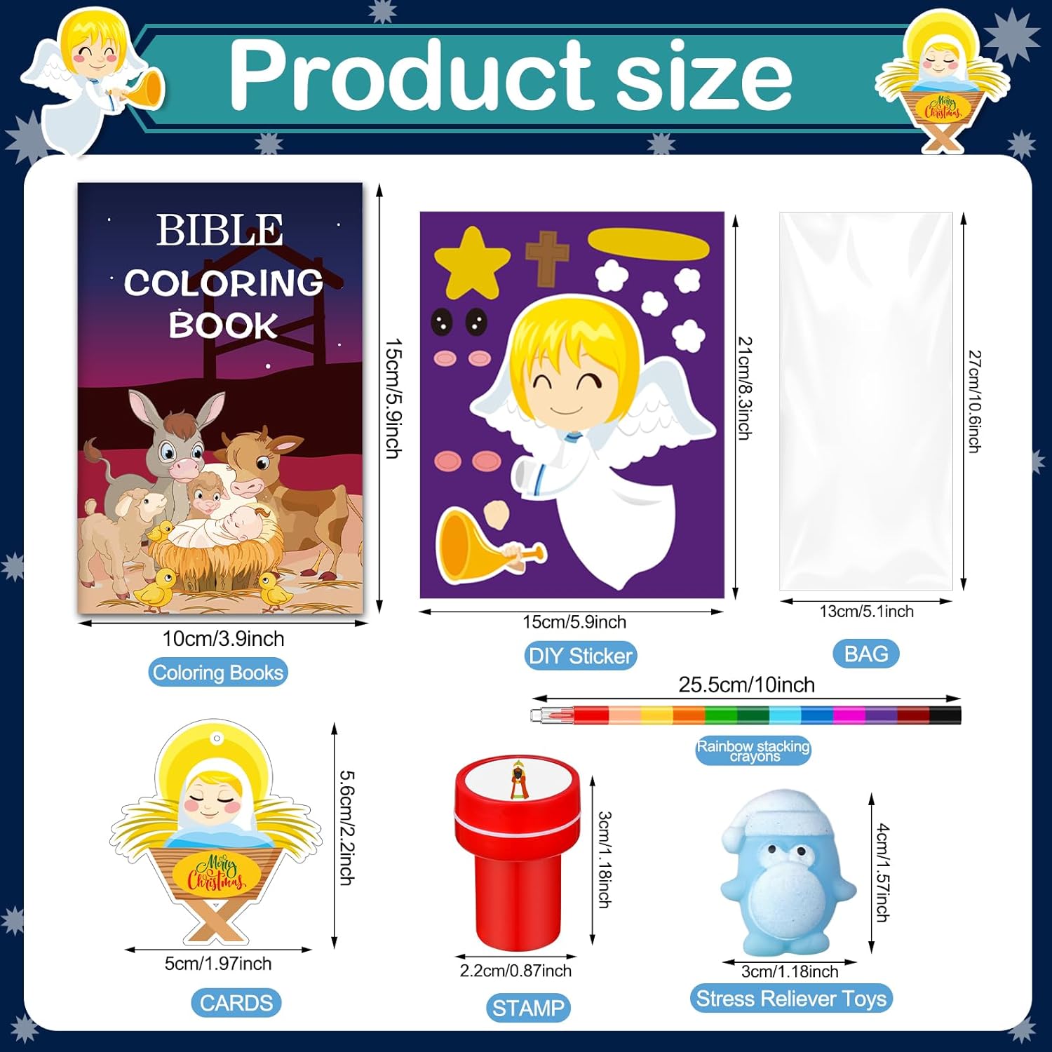 108 Pcs Christmas Party Favors Bible Coloring Book with Stacking Crayons for Kids Squishes Christmas Toys DIY Sticker Stampers Goodie Bag Fillers