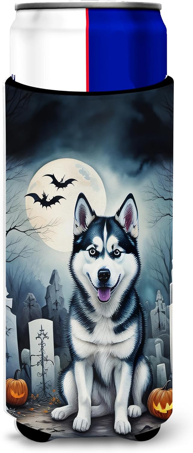 Caroline’s Treasures DAC2055MUK Siberian Husky Spooky Halloween Hugger for Ultra Slim Cans Can Cooler Sleeve Hugger Machine Washable Drink Sleeve