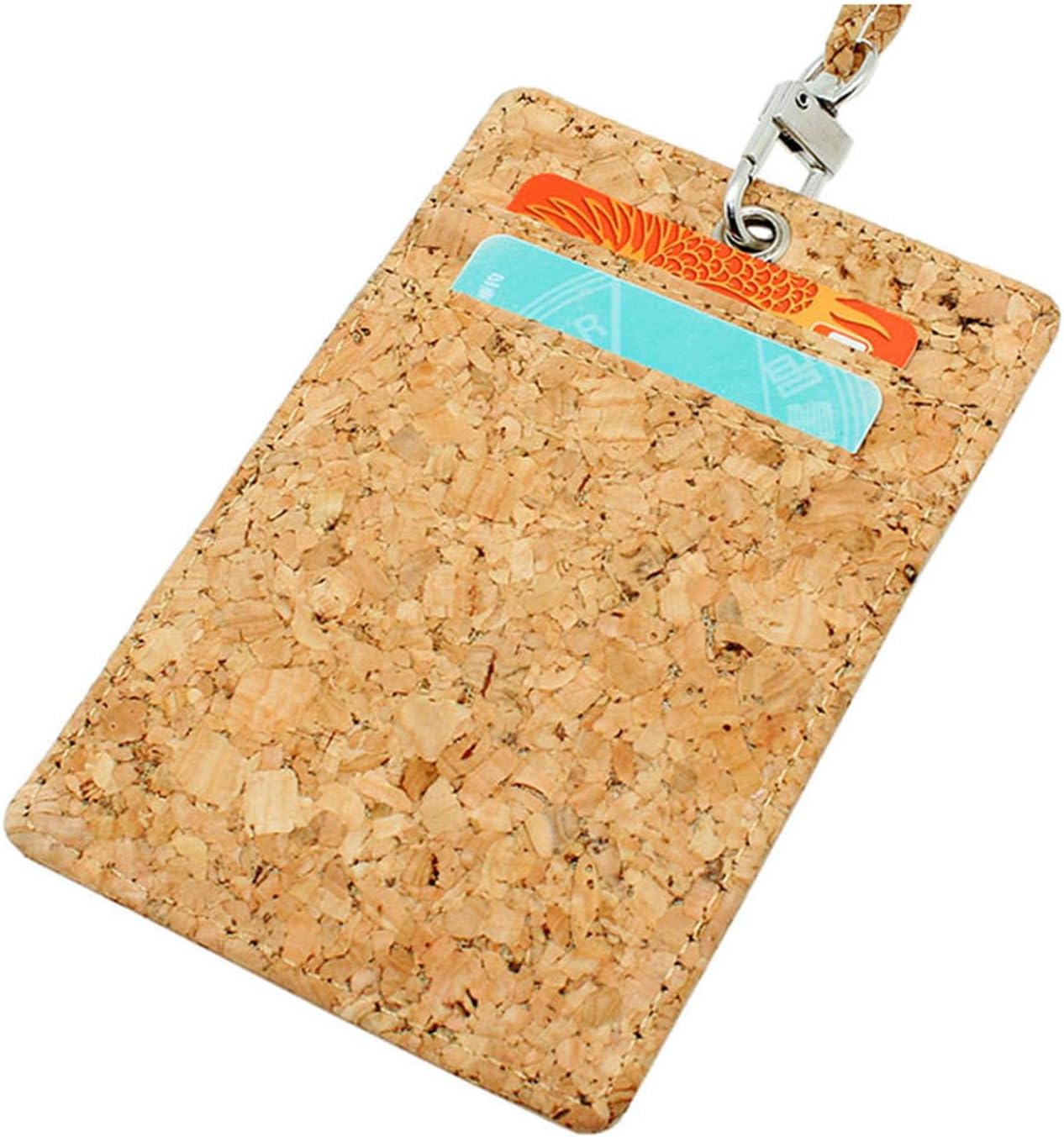 Boshiho. Funda vertical, de piel, para tarjeta de identificación con cordón resistente., Corcho