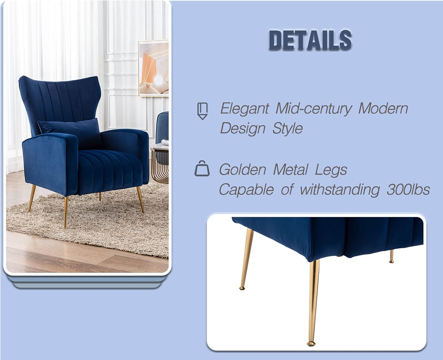 Kmax – Silla decorativa de terciopelo con brazos de mediados de siglo con patas doradas, silla con respaldo alado con almohada para dormitorio, sala