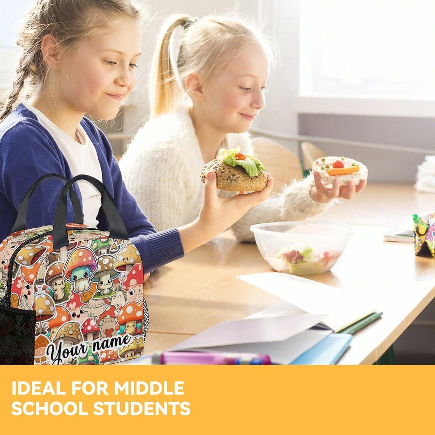 COOPASIA Lonchera personalizada de hongos para niños, lonchera aislada para niñas y niños, coloridas bolsas de almuerzo reutilizables, pequeña con