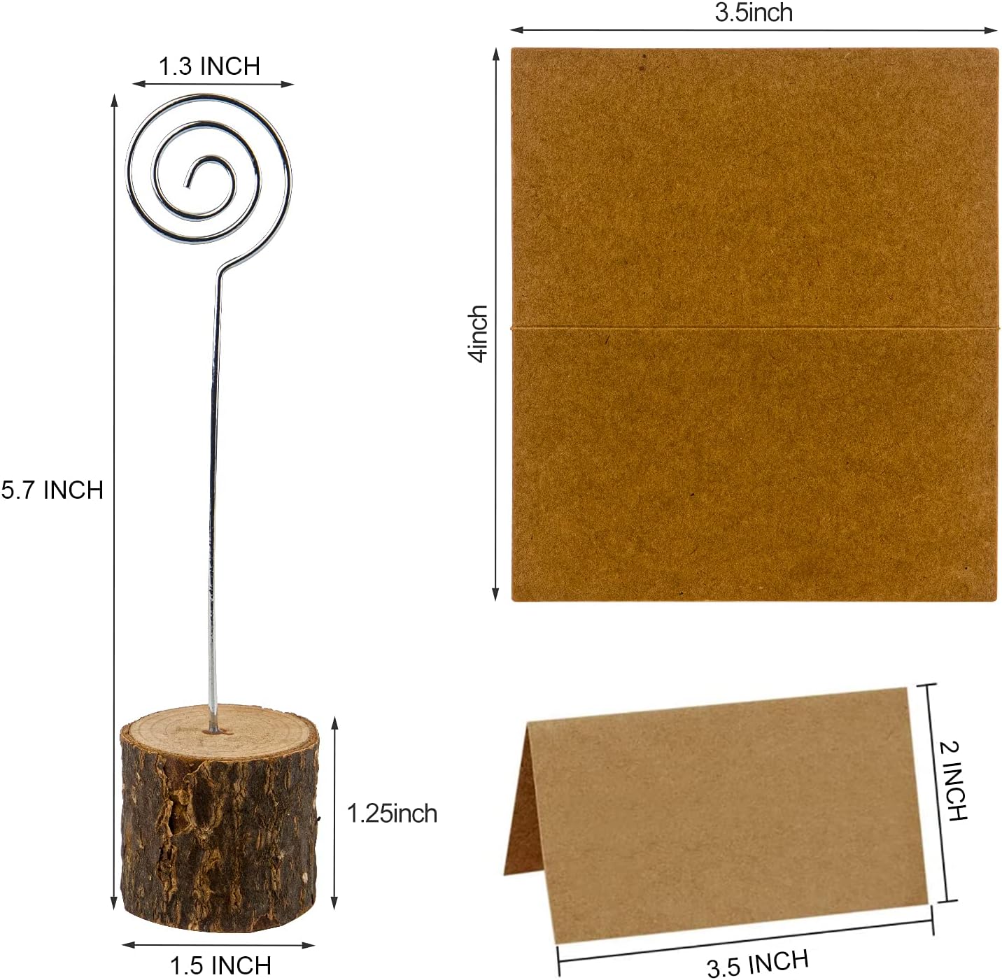 20 soportes para tarjetas de lugar de madera rústica con alambre en espiral y 30 tarjetas de lugar de papel kraft, soporte de madera para números de