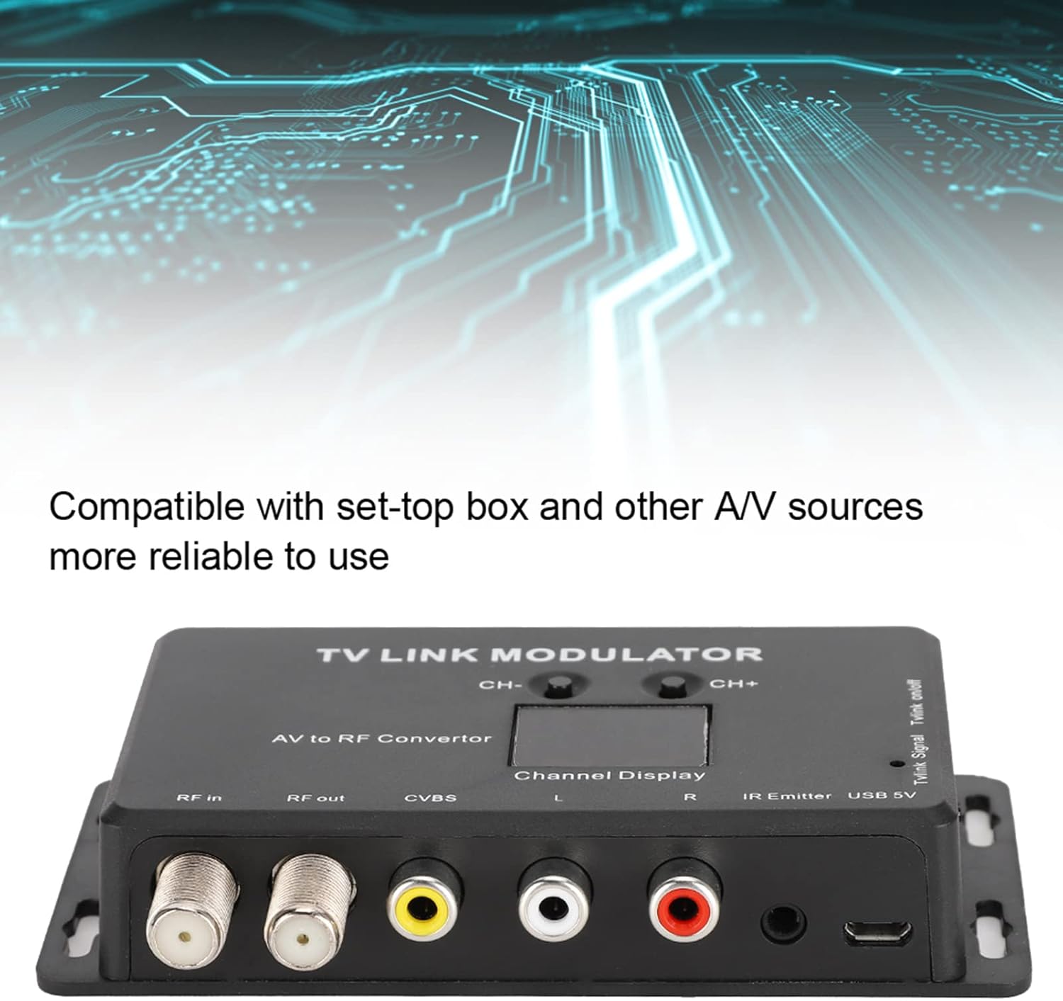 Modulador UHF, modulador de enlace de TV TM70, convertidor AV a RF, extensor IR con pantalla de canal, modulador RF para TV con cable de carga USB