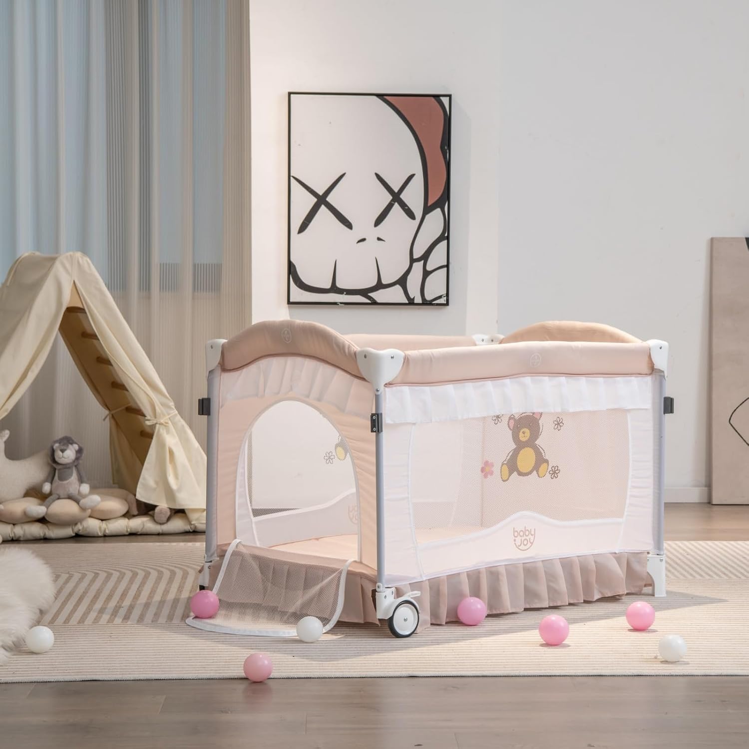BABY JOY Paquete 4 en 1 con toldo, corralito portátil para bebé con moisés, diseño de entrada con cremallera lateral, ruedas y freno, moisés