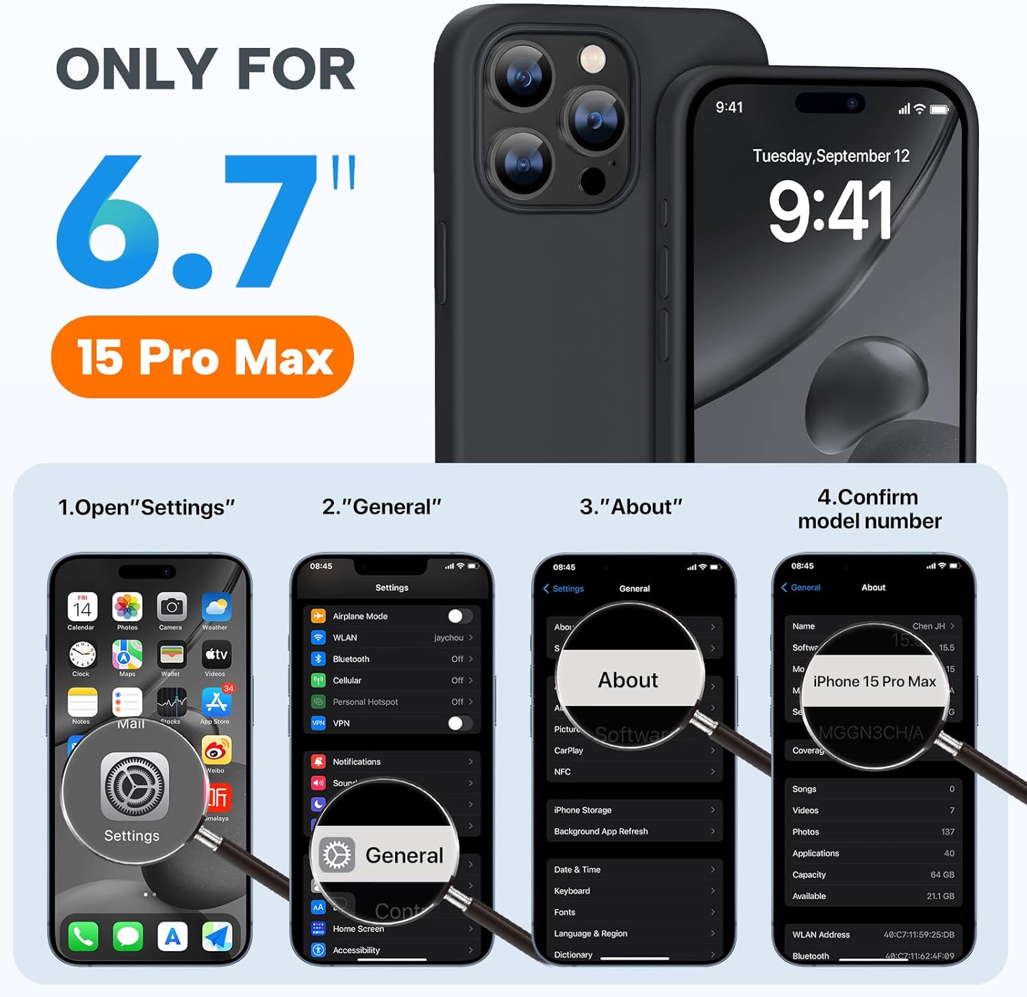 Miracase Funda diseñada para iPhone 15 Pro Max, compatible con MagSafe, con 2 protectores de pantalla, funda de silicona líquida a prueba de golpes