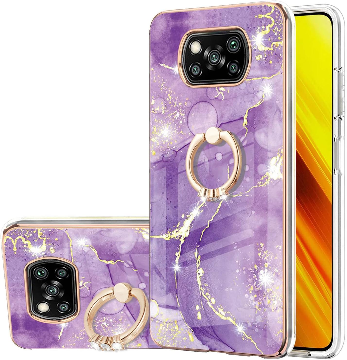 Monwutong Funda de teléfono para Xiaomi Poco X3 NFC, IMD patrón de mármol brillante anillo Kickstand caso para niñas, lente de cámara y cubierta