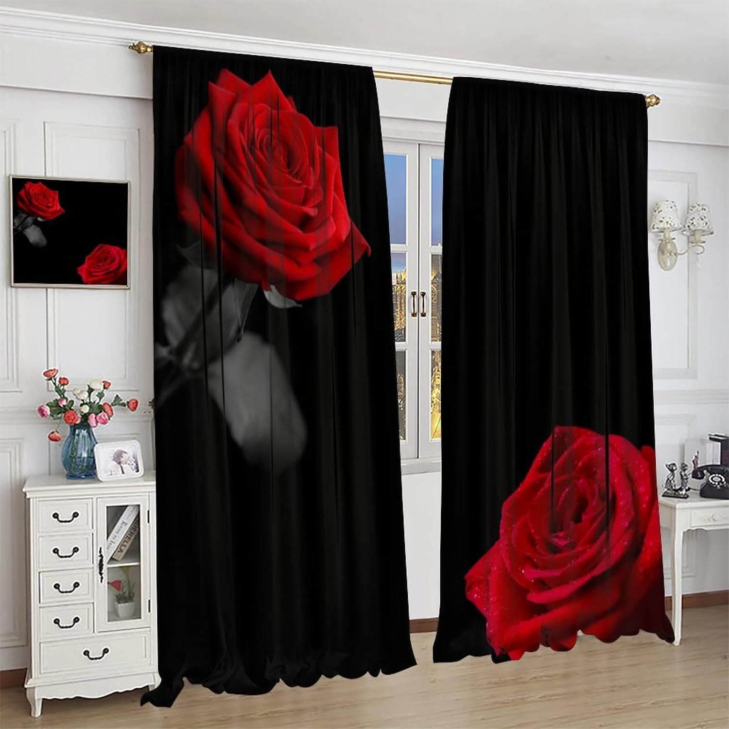 Cortinas de rosas rojas, románticas y florales con estampado 3D de rosas rojas para niñas, mujeres, dormitorio, sala de estar, cocina, decoración