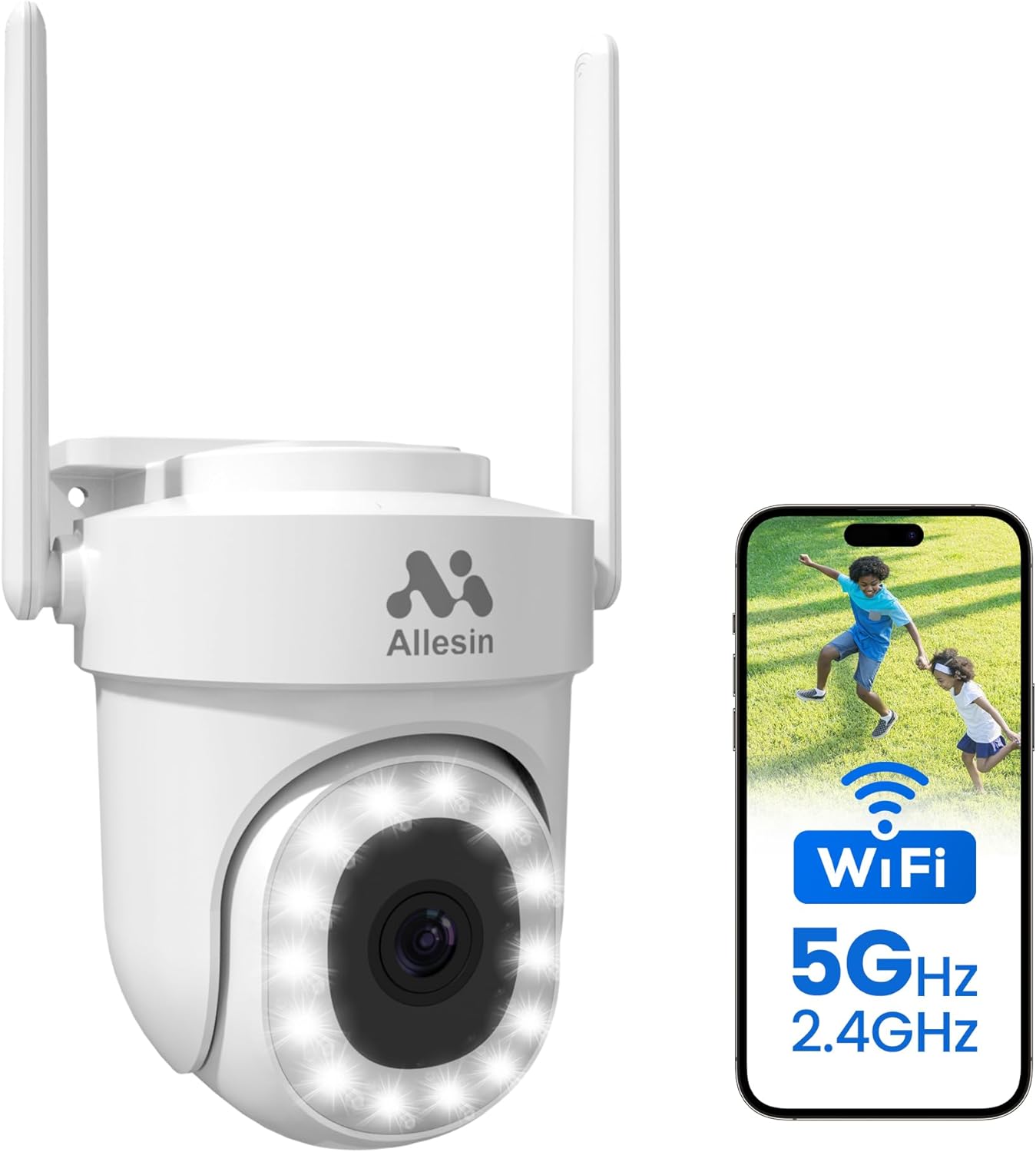 Allesin Cámara de seguridad de 4MP para exteriores, cámaras de visión panorámica de 360 para seguridad en el hogar con 14 LED Spotlight visión