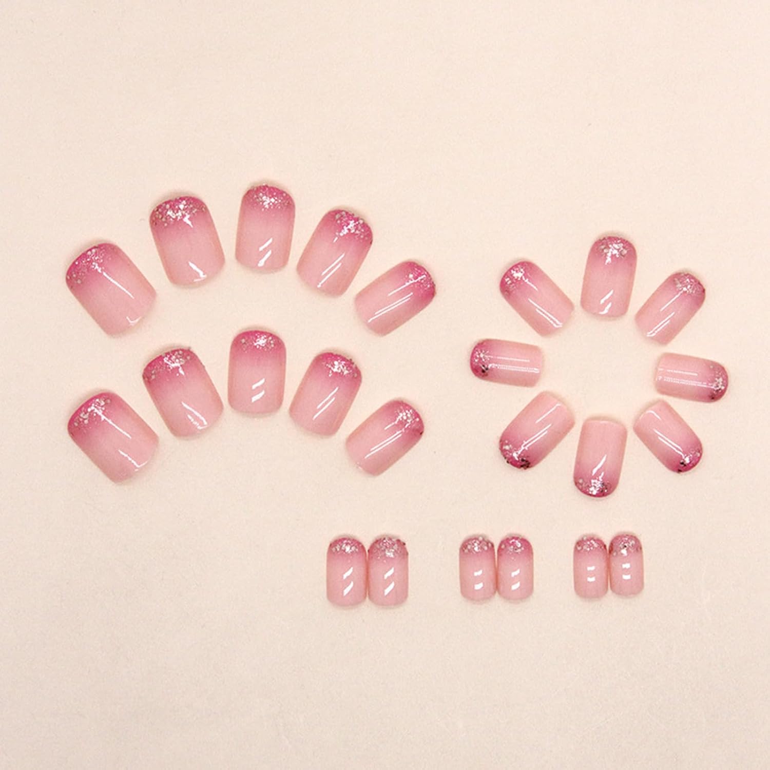 Uñas postizas cuadradas a presión, uñas postizas cortas de color rosa degradado, con diseño de purpurina rosa, lindo cobertura completa, uñas