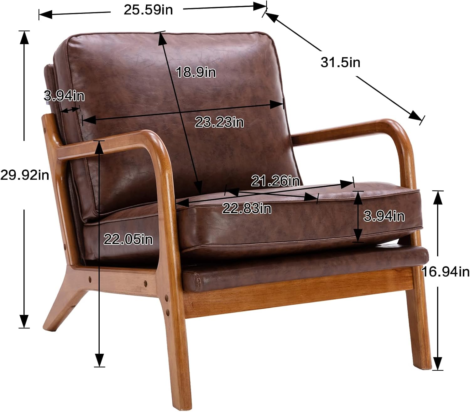 JOYBASE Sillón con brazos, silla decorativa moderna de mediados de siglo, sillón con marco de madera para sala de estar, dormitorio (marrón, cuero