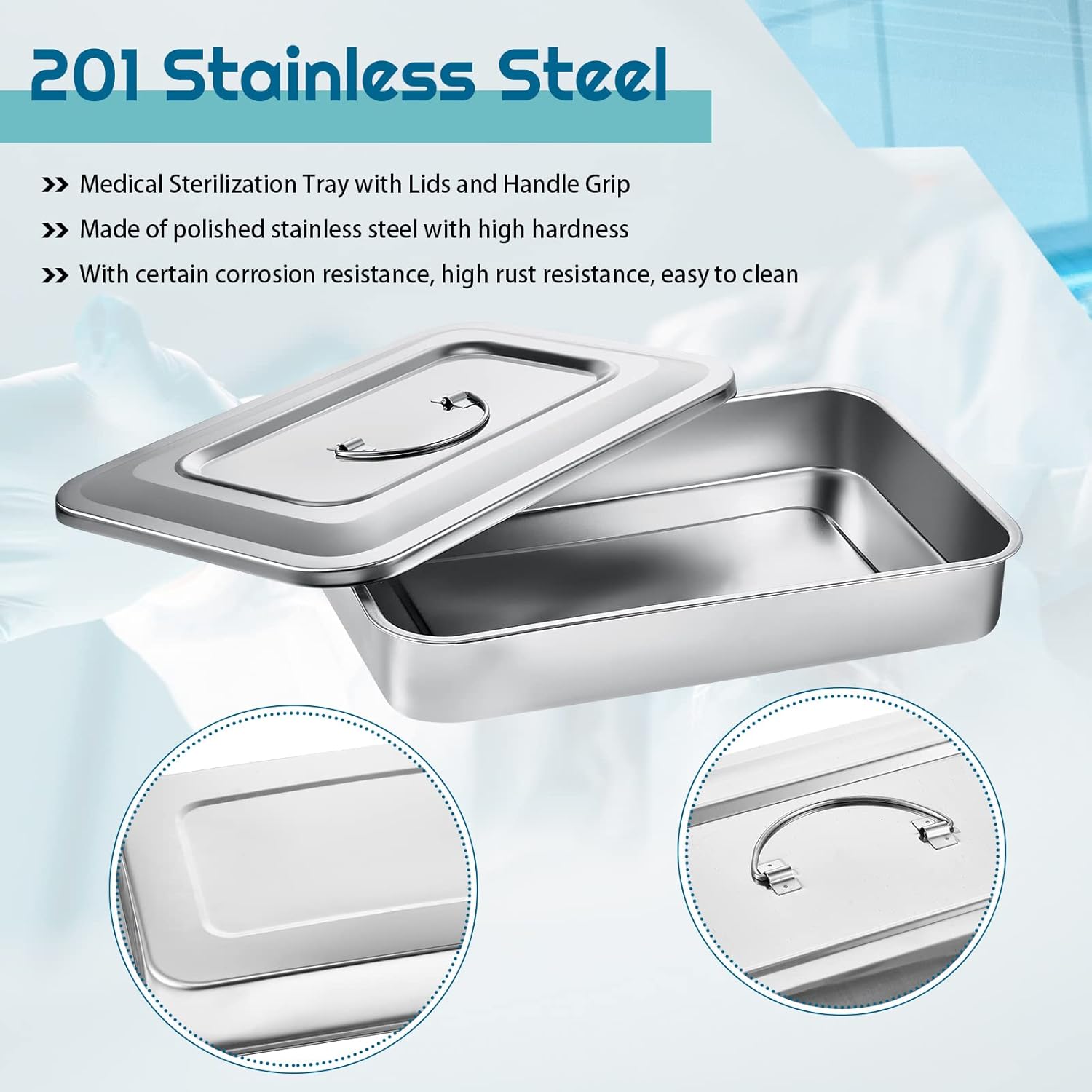 Fabbay 2 bandejas quirúrgicas médicas 201 de acero inoxidable para instrumentos dentales, bandeja organizadora, caja de metal esterilizado con tapa