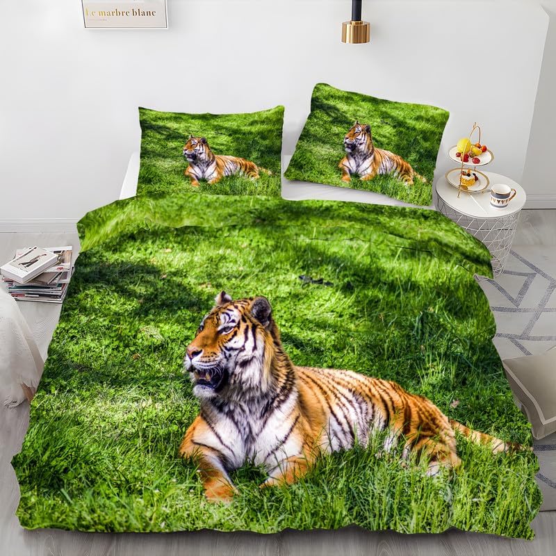Grass Green Siberian King Duvet Cover Animal Print King Bedding Set Soft Microfiber Comforter Cover and 2 Pillow Shams 20″X36″, Bed Set Duvet Covers