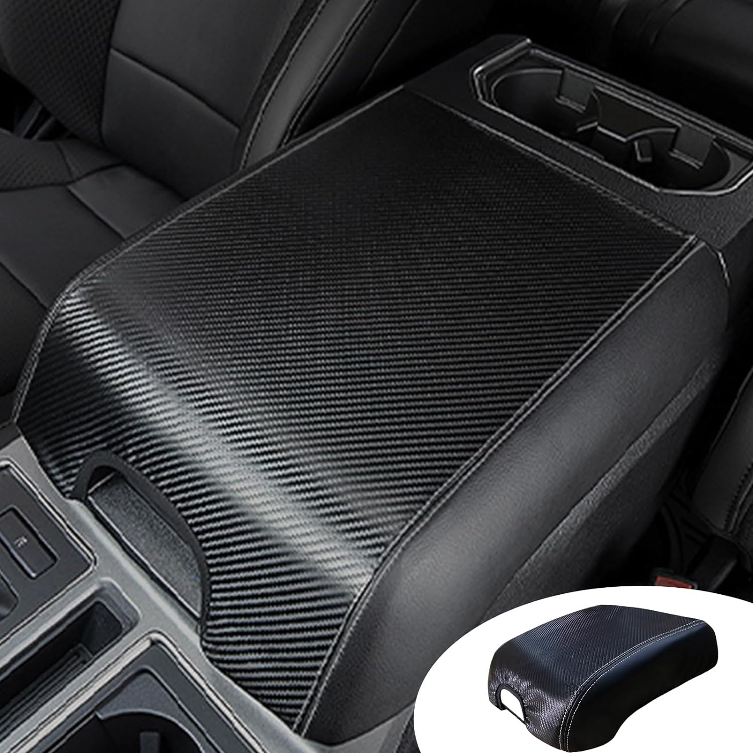 Pincuttee Funda de consola central para Ford F150 F250 F350 F450 15-21, funda de cuero de fibra de carbono, cubierta protectora de caja de consola