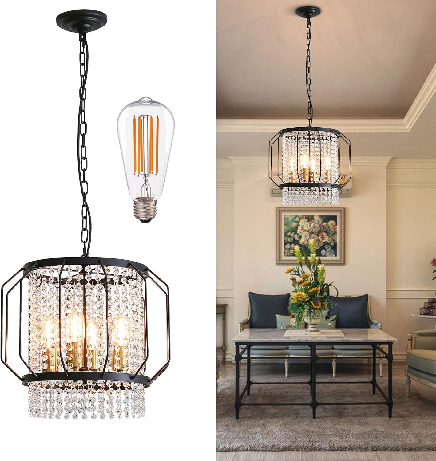 Lámpara colgante de cristal de metal negro con 4 luces, lámpara de techo colgante para pasillo, entrada, dormitorio, balcón, isla de cocina