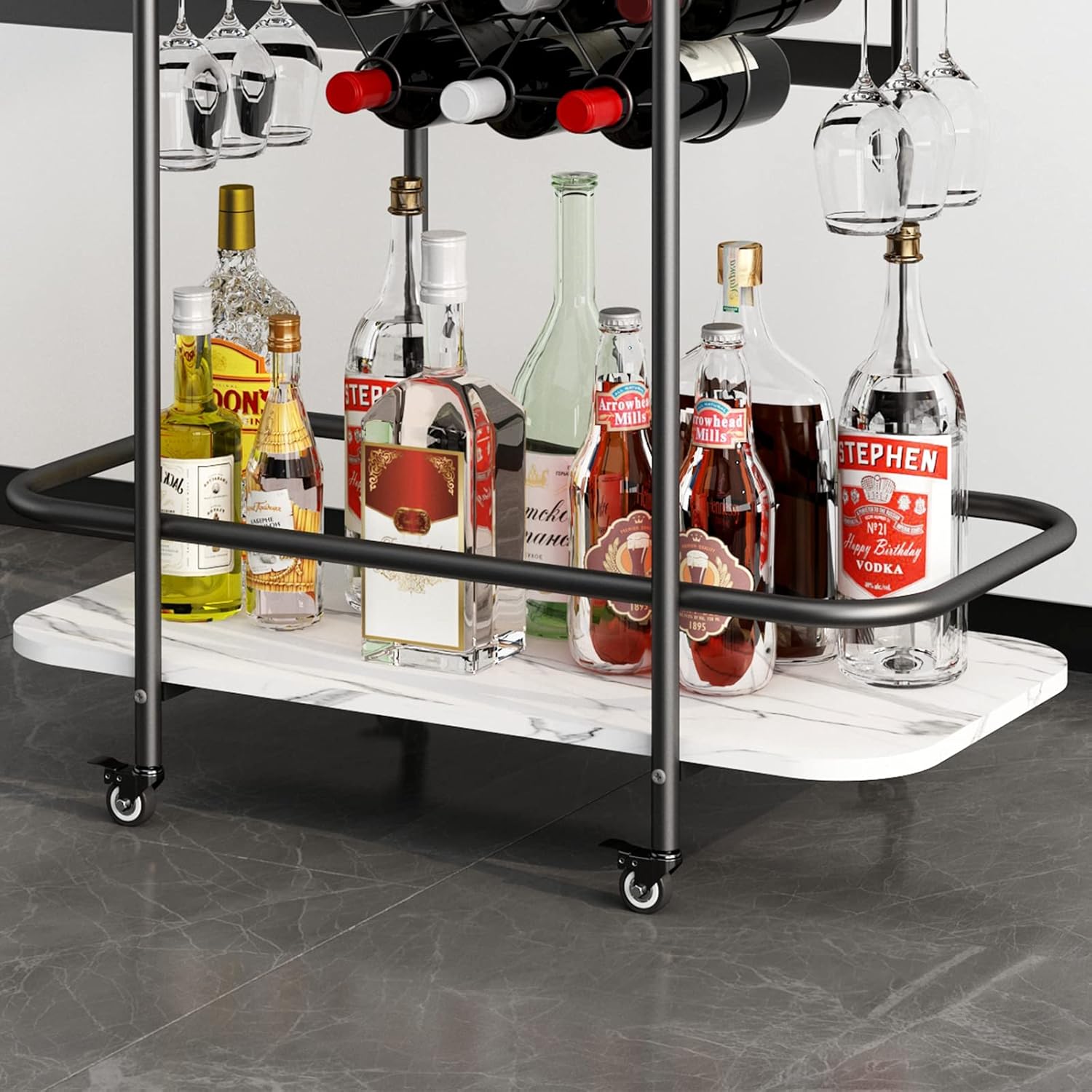 Benoss Black Home – Carrito de bar con ruedas, carrito de vino móvil con soporte para vidrio y estante para vino, moderno carrito de bebidas para