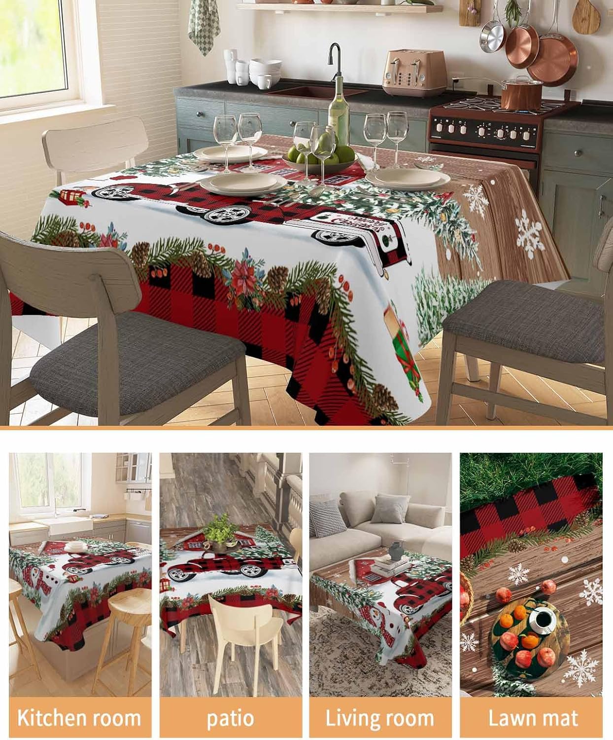BOBOWUNY Manteles cuadradosredondos de 52 x 52 pulgadas, mantel de mesa de camión de Navidad para interiores y exteriores, decoración de mesa para