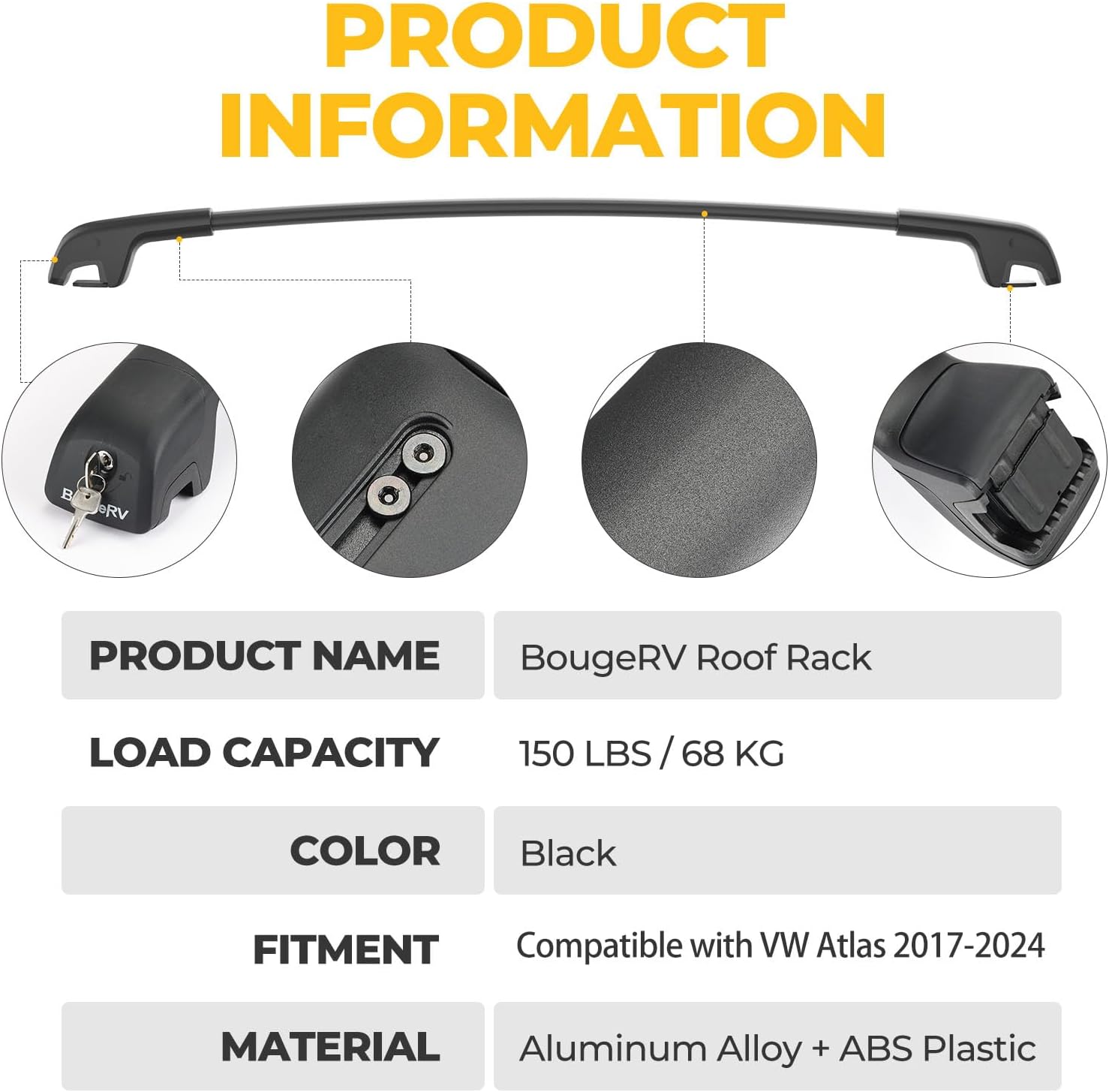 BougeRV Barras transversales para portaequipajes compatibles con Volkswagen VW Atlas 2017-2024 con bloqueo antirrobo, barras transversales de