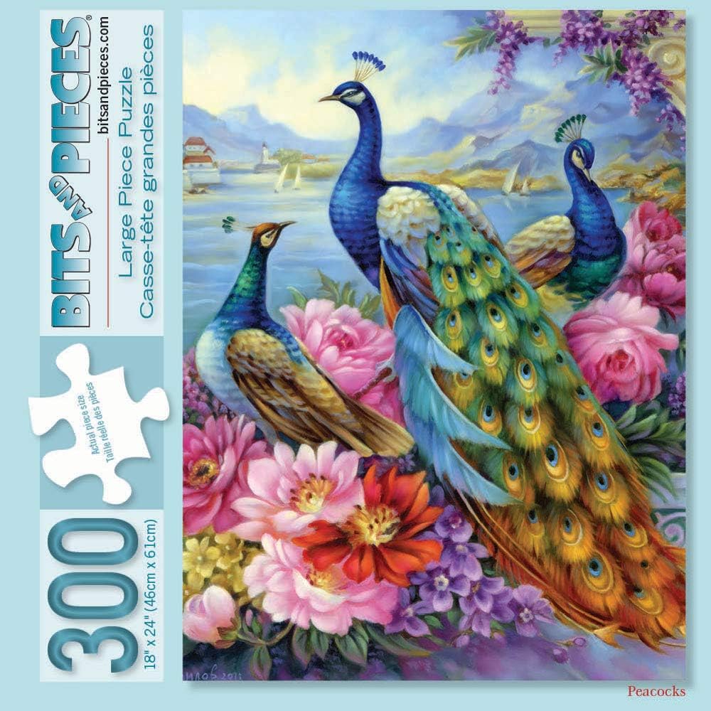 Bits and Pieces – Rompecabezas de 300 piezas para adultos  Rompecabezas de 300 piezas grandes ‘Peacocks’ por el artista Oleg Gavrilov – 18 x 24