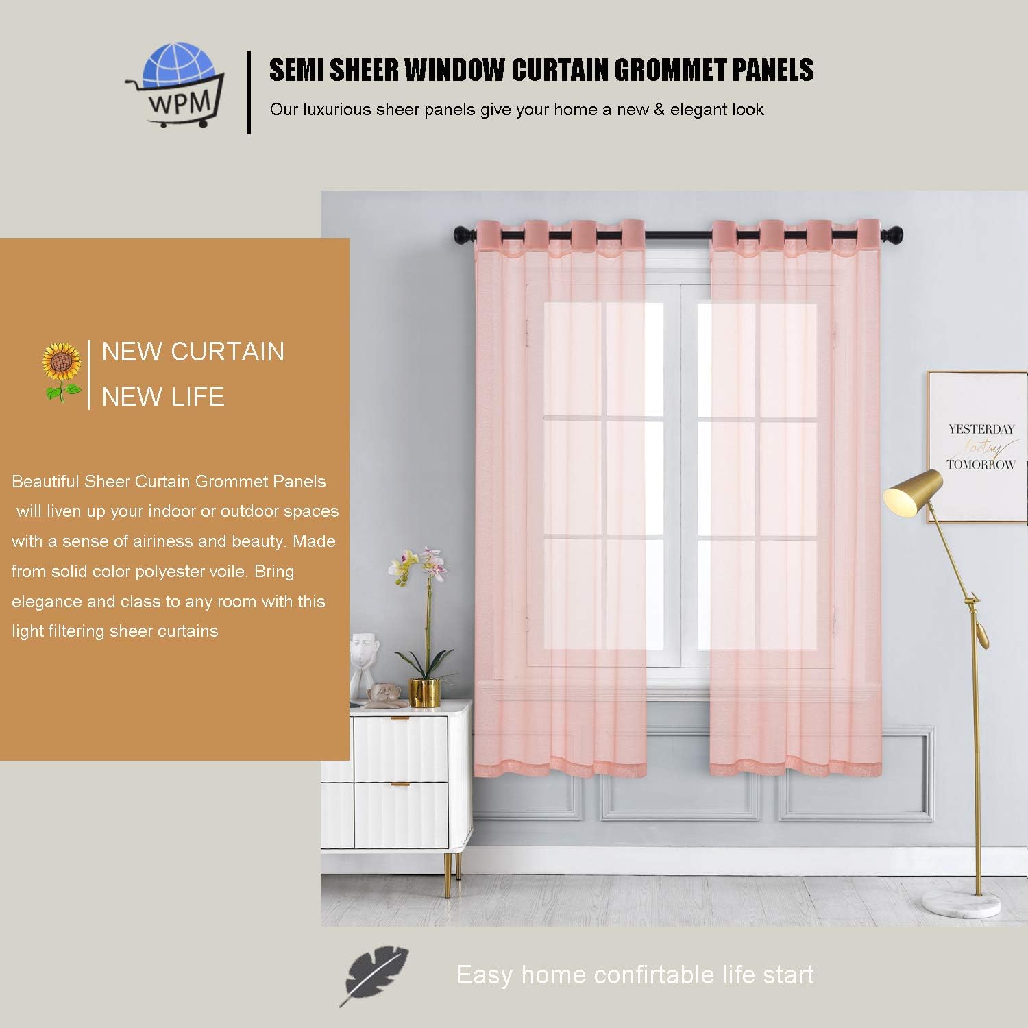 WPM – Paneles de cortinas traslúcidas para ventana, color rosa rubor, cocina, habitación de los niños, cortinas de gasa semi lisa con ojales, para
