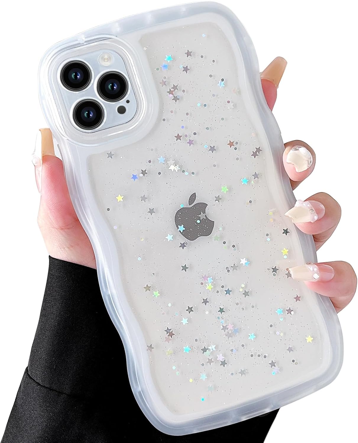 Qokey Funda para iPhone 13 Pro Max de 6.7 pulgadas, diseño de borde ondulado rizado, transparente, con purpurina brillante, bonita funda