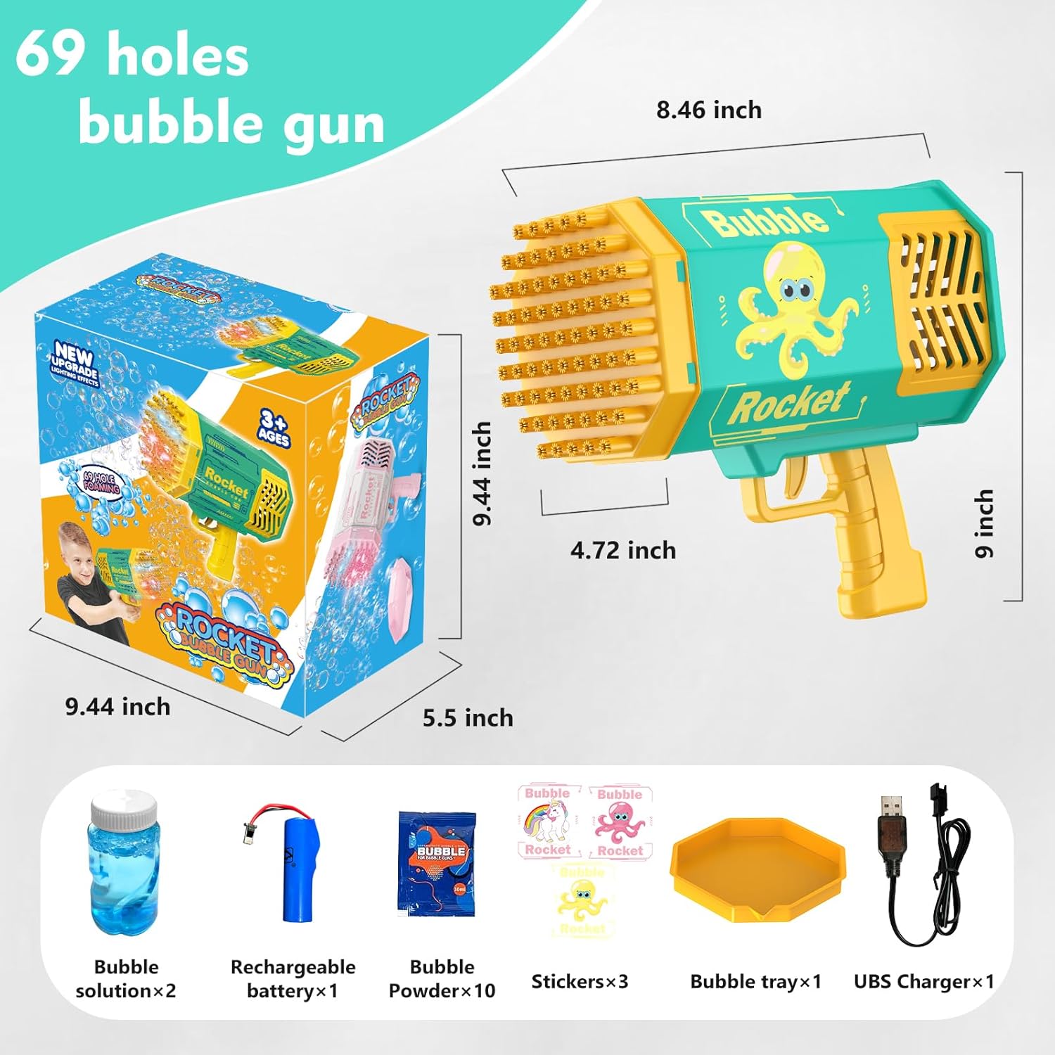 Bazooka – Pistola de burbujas de 69 agujeros con luces coloridas, soplador de burbujas de cohete grande para niños y adultos, juguetes para hacer