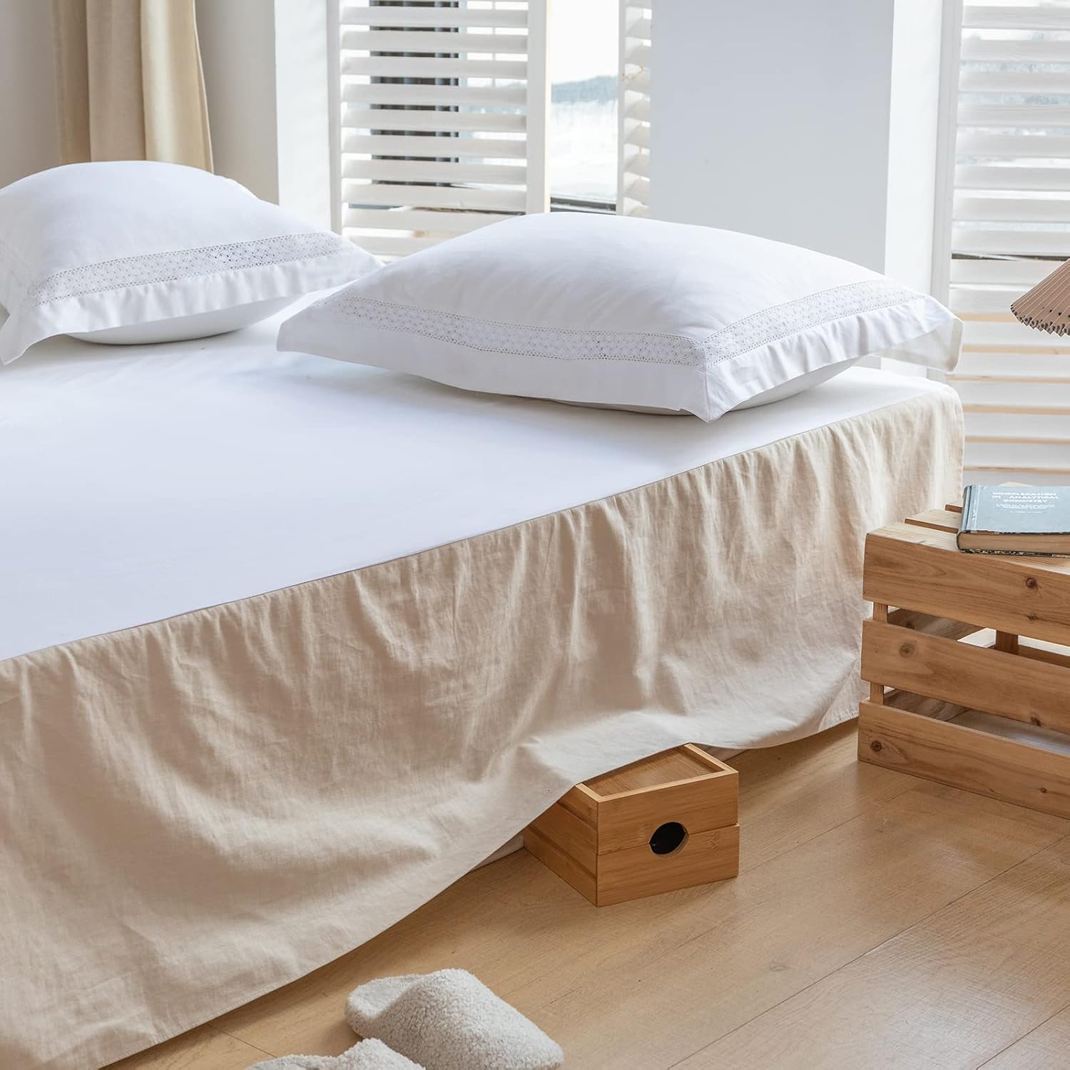 BISELINA Falda de cama de lino francés con esquinas plisadas de 14 pulgadas, mezcla de algodón de lino natural, con volantes básicos de polvo,
