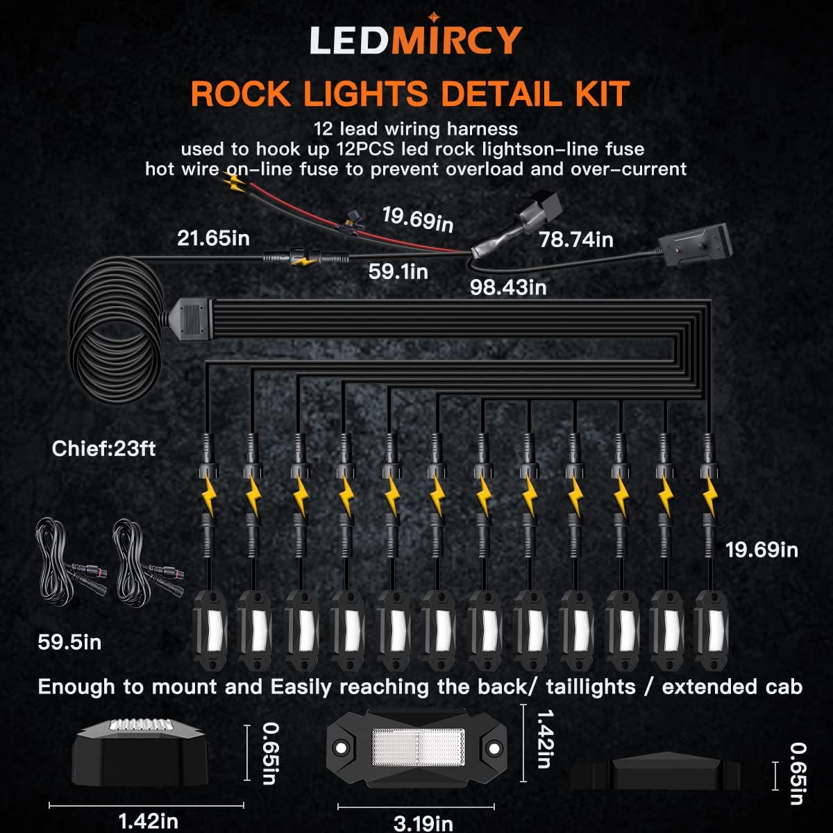 Kit de luces de roca blanca pura con interruptor de arnés de cable, 12 luces LED de roca blancas para Jeep, todoterreno, camiones, ATV, UTV, SUV,