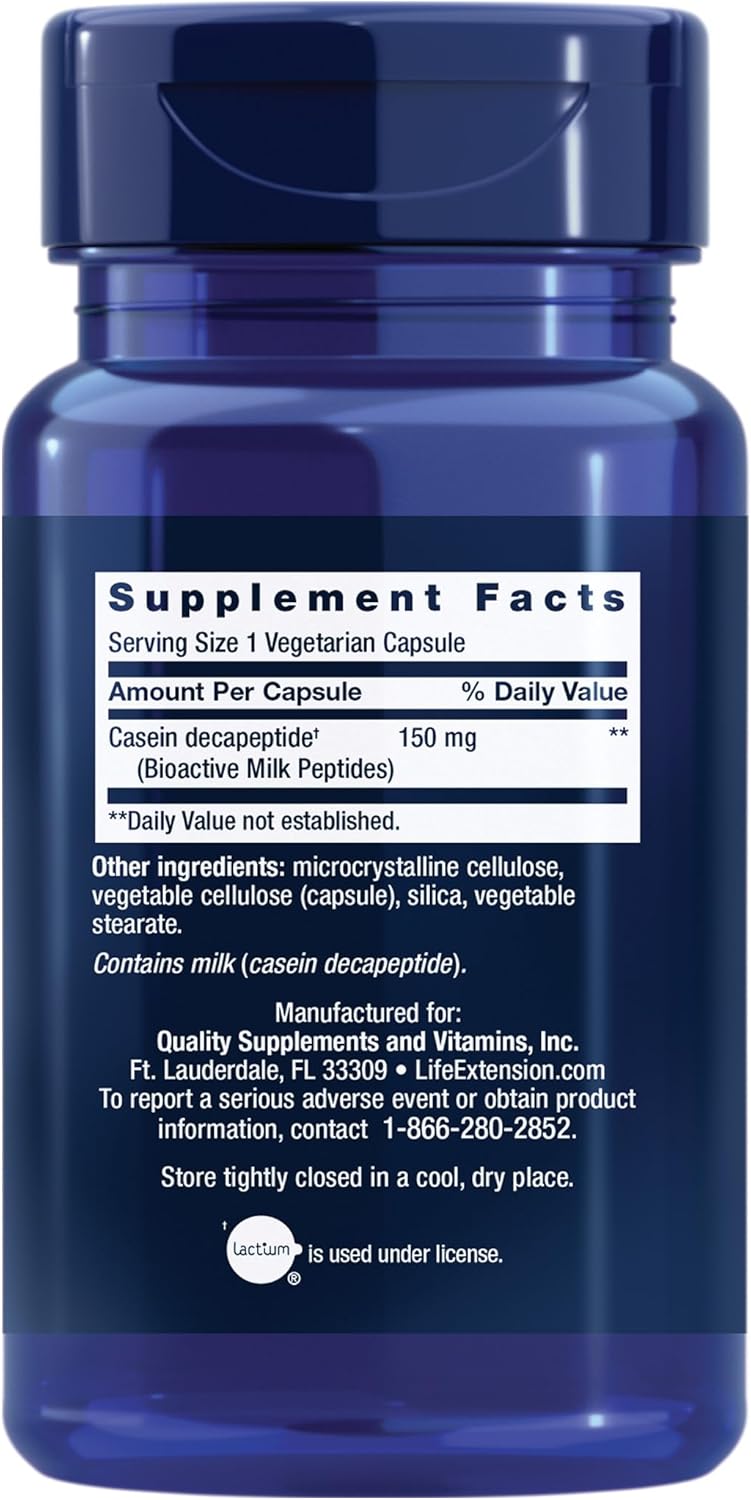 Life Extension Péptidos de leche bioactivos, promueve la relajación y el sueño saludable, sin gluten, sin OMG, 30 cápsulas vegetarianas (paquete de