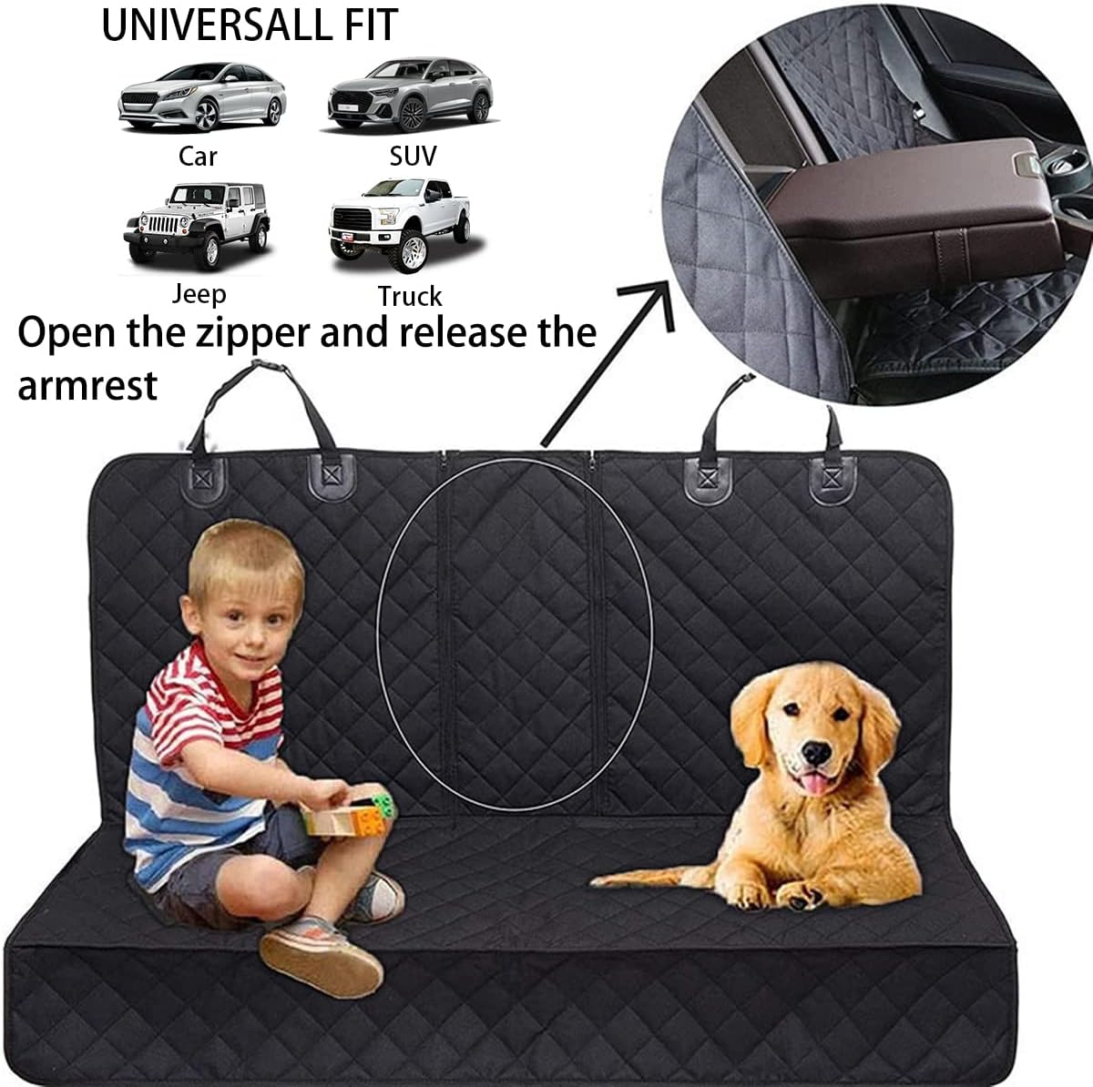 BESULEN Funda de asiento de automóvil para perro para asiento trasero, impermeable, compatible con reposabrazos y cinturón de seguridad, protector