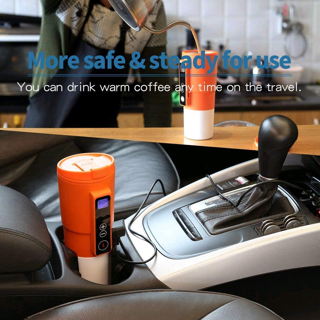 GEEZO Taza de café de viaje con control de temperatura inteligente, taza de viaje eléctrica con calefacción de acero inoxidable, vaso de calefacción